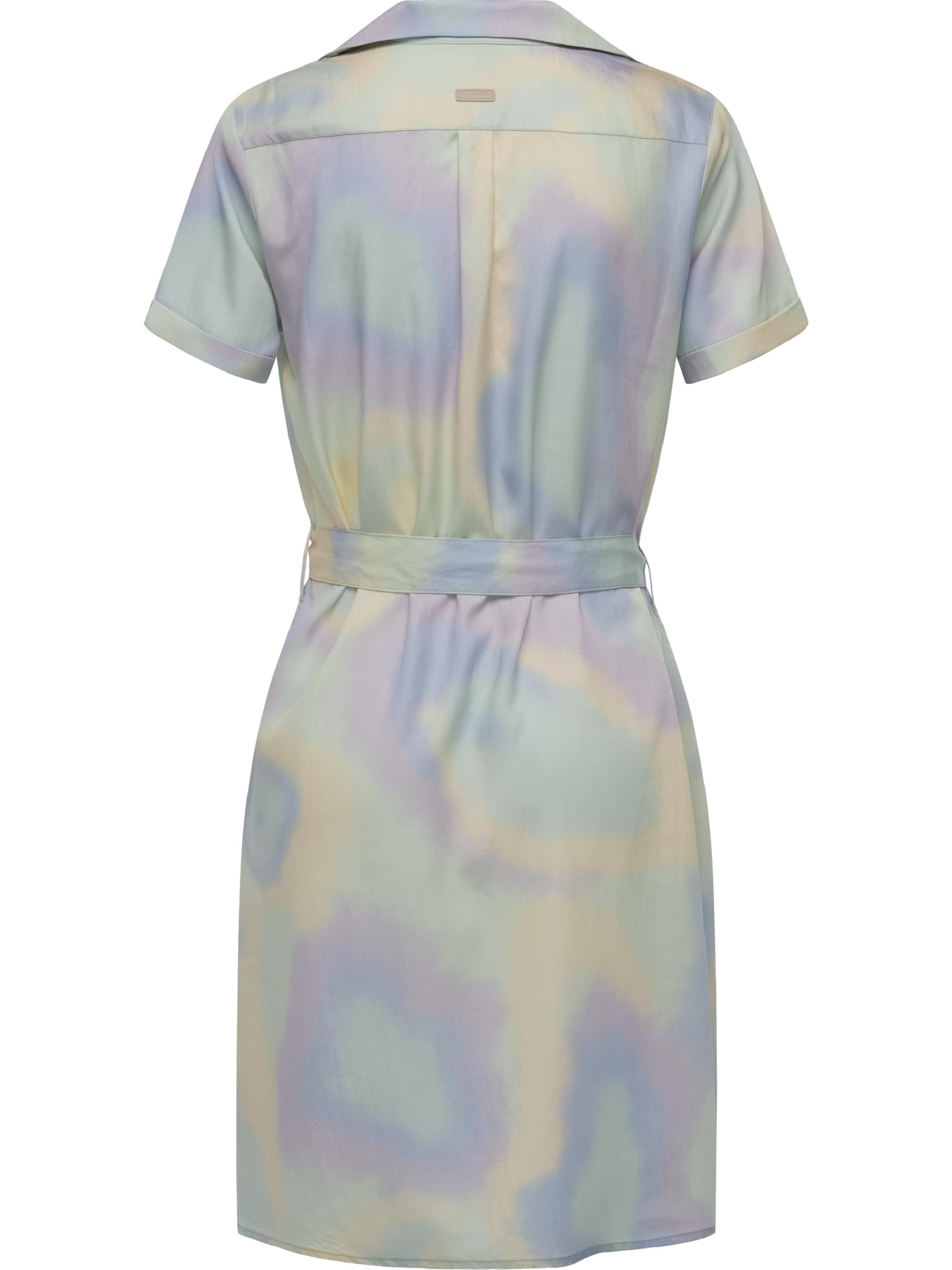 Gemustertes Sommerkleid Kurzarm Midikleid mit Knopfleiste und Stoffgürtel "Sawira" Light Mint