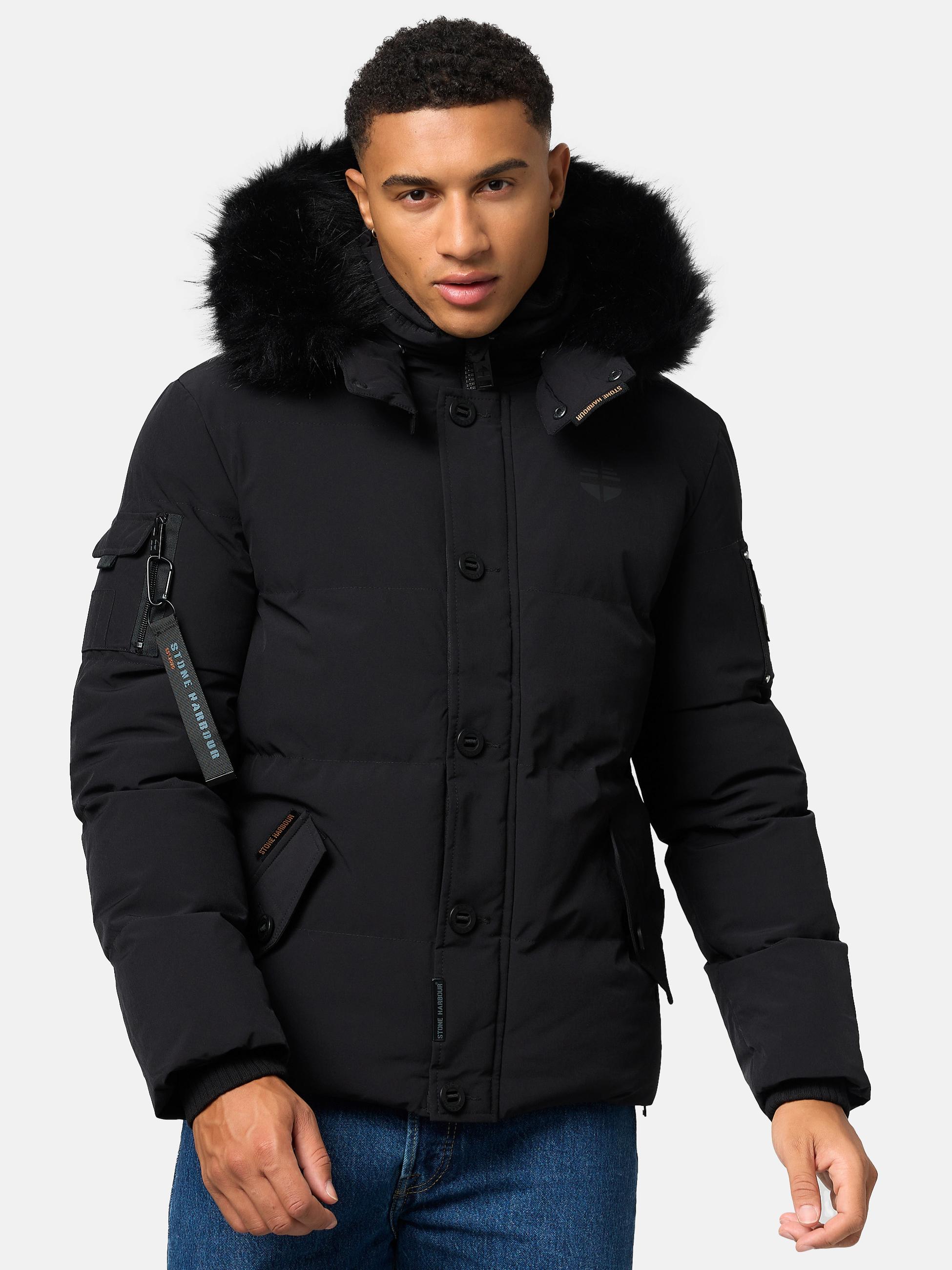 Winter Steppjacke mit abnehmbarer Kunstfell-Kapuze "Halvaar" Black mit schwarzem Fell