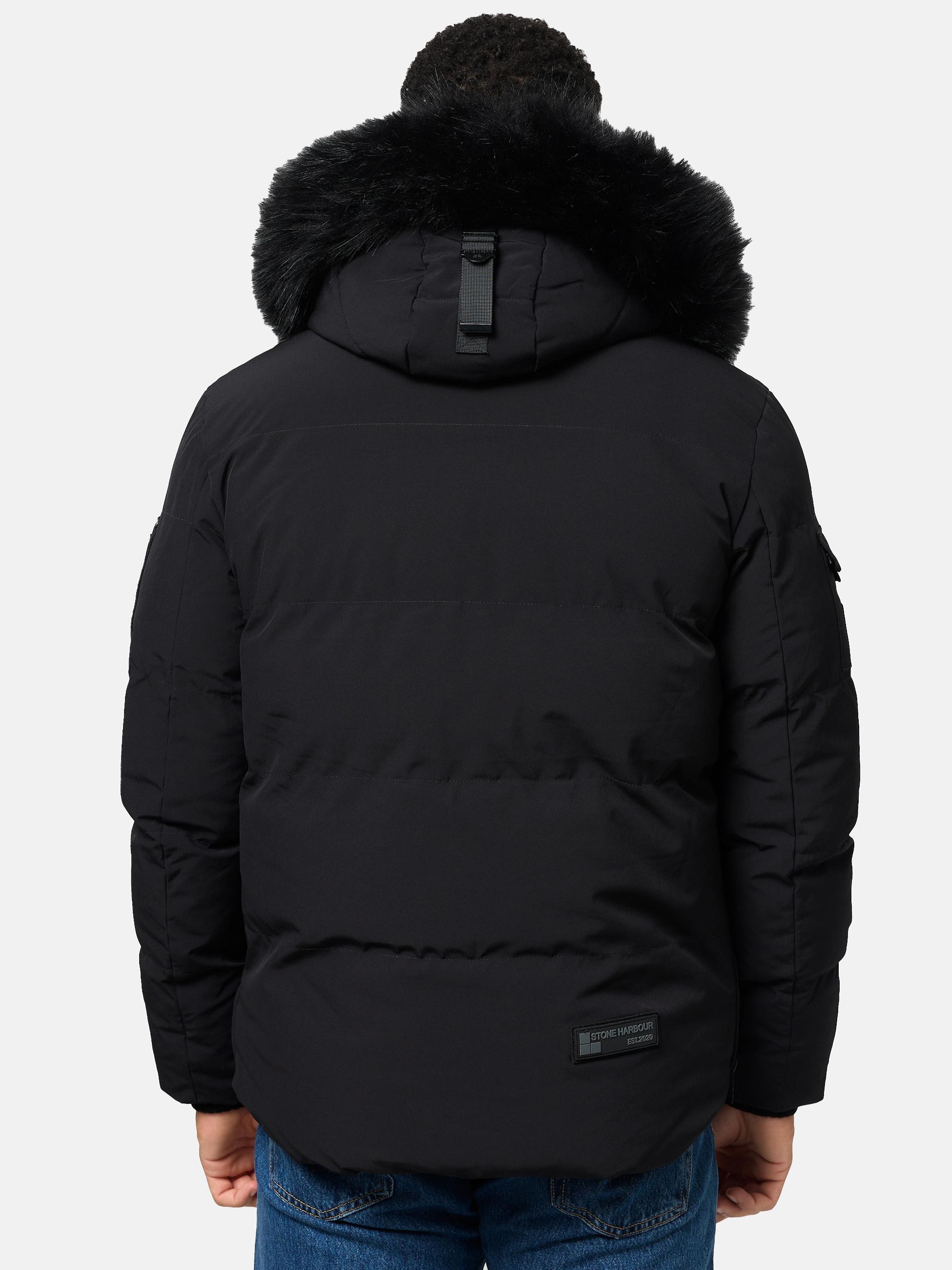 Winter Steppjacke mit abnehmbarer Kunstfell-Kapuze "Halvaar" Black mit schwarzem Fell