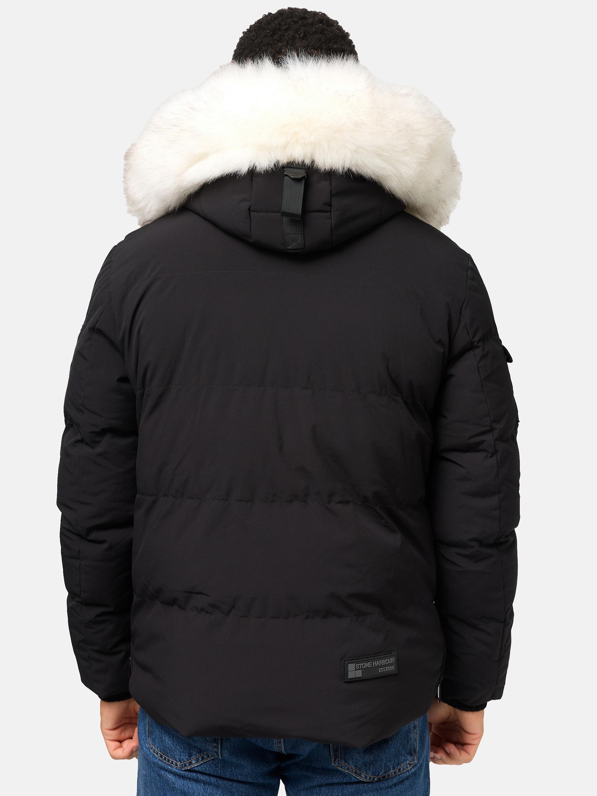 Winter Steppjacke mit abnehmbarer Kunstfell-Kapuze "Halvaar" Black mit weißem Fell