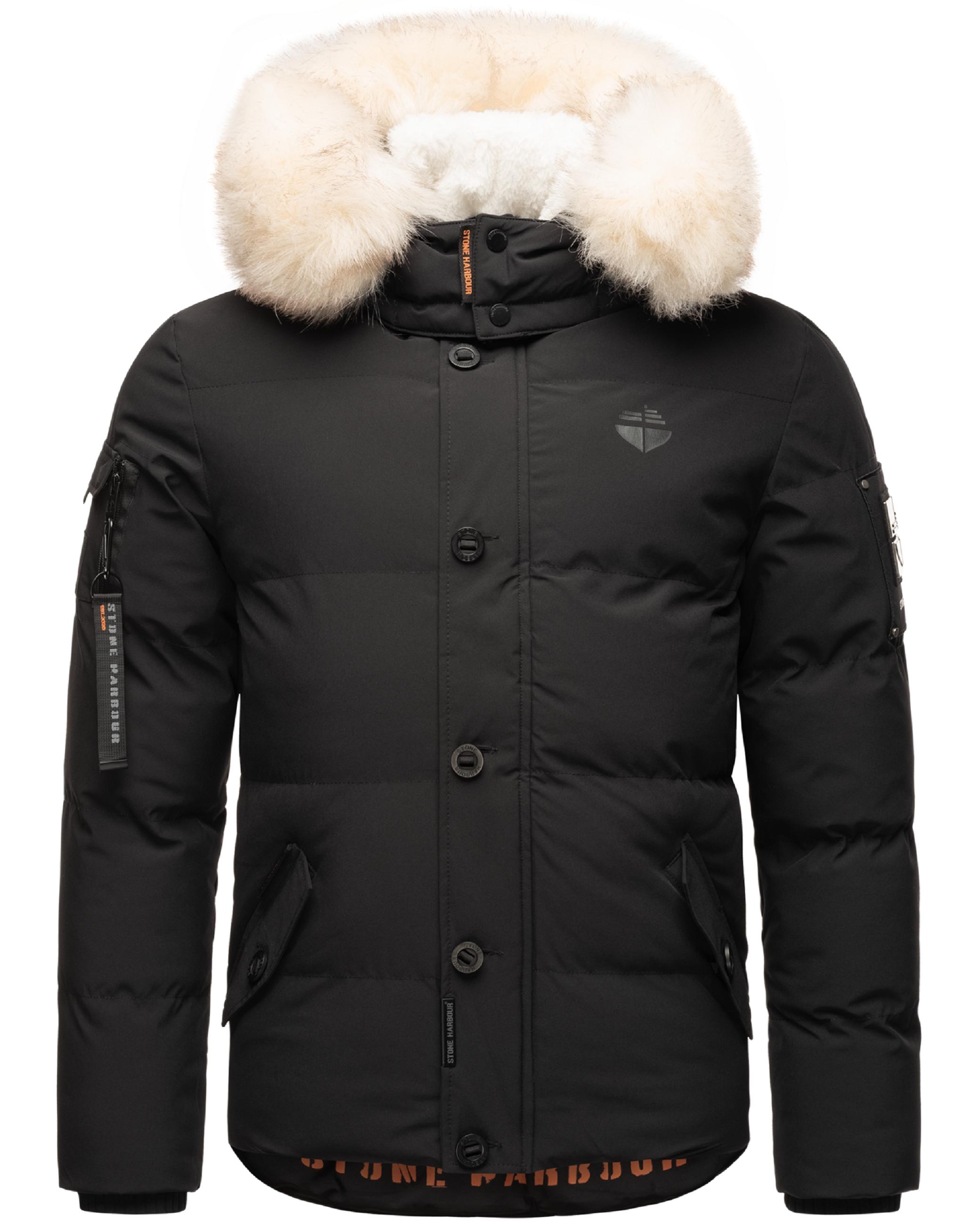 Winter Steppjacke mit abnehmbarer Kunstfell-Kapuze "Halvaar" Black mit weißem Fell