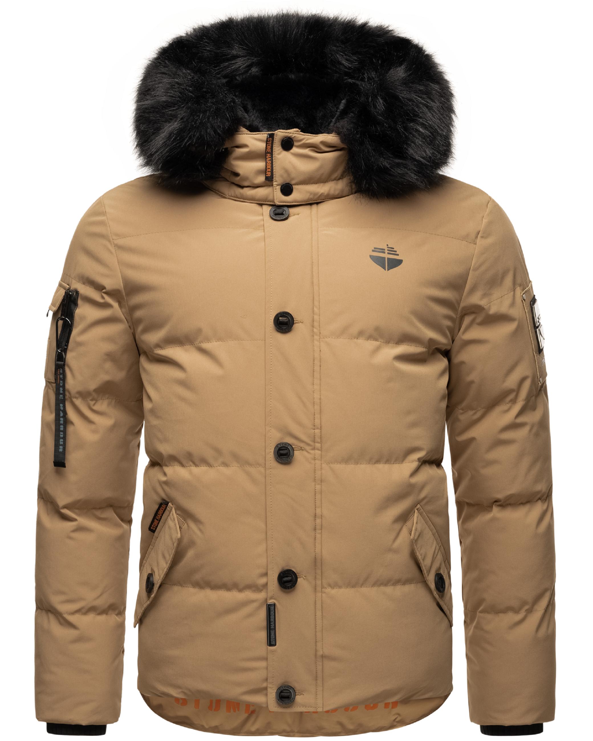 Winter Steppjacke mit abnehmbarer Kunstfell-Kapuze "Halvaar" Light Brown mit schwarzem Fell