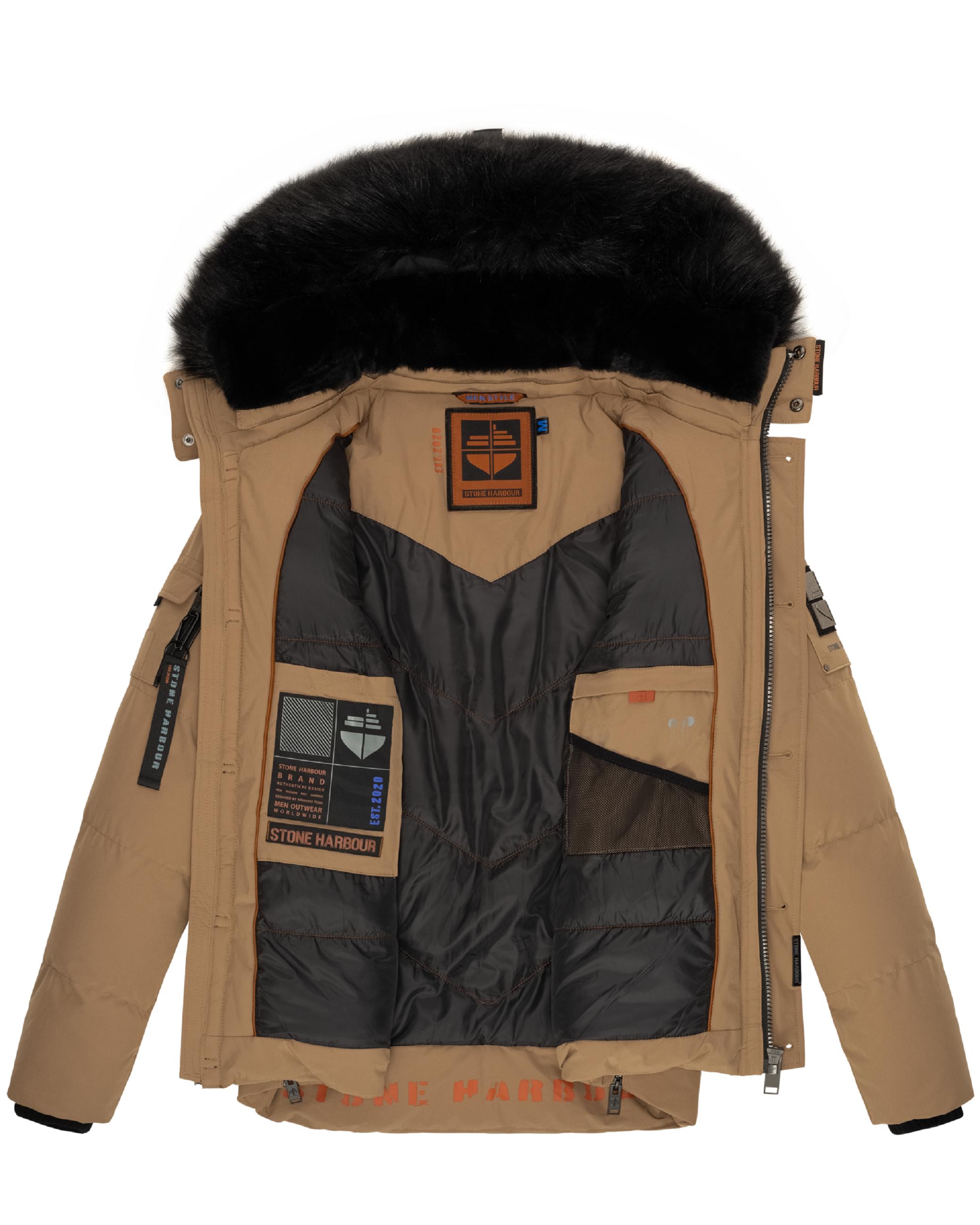 Winter Steppjacke mit abnehmbarer Kunstfell-Kapuze "Halvaar" Light Brown mit schwarzem Fell