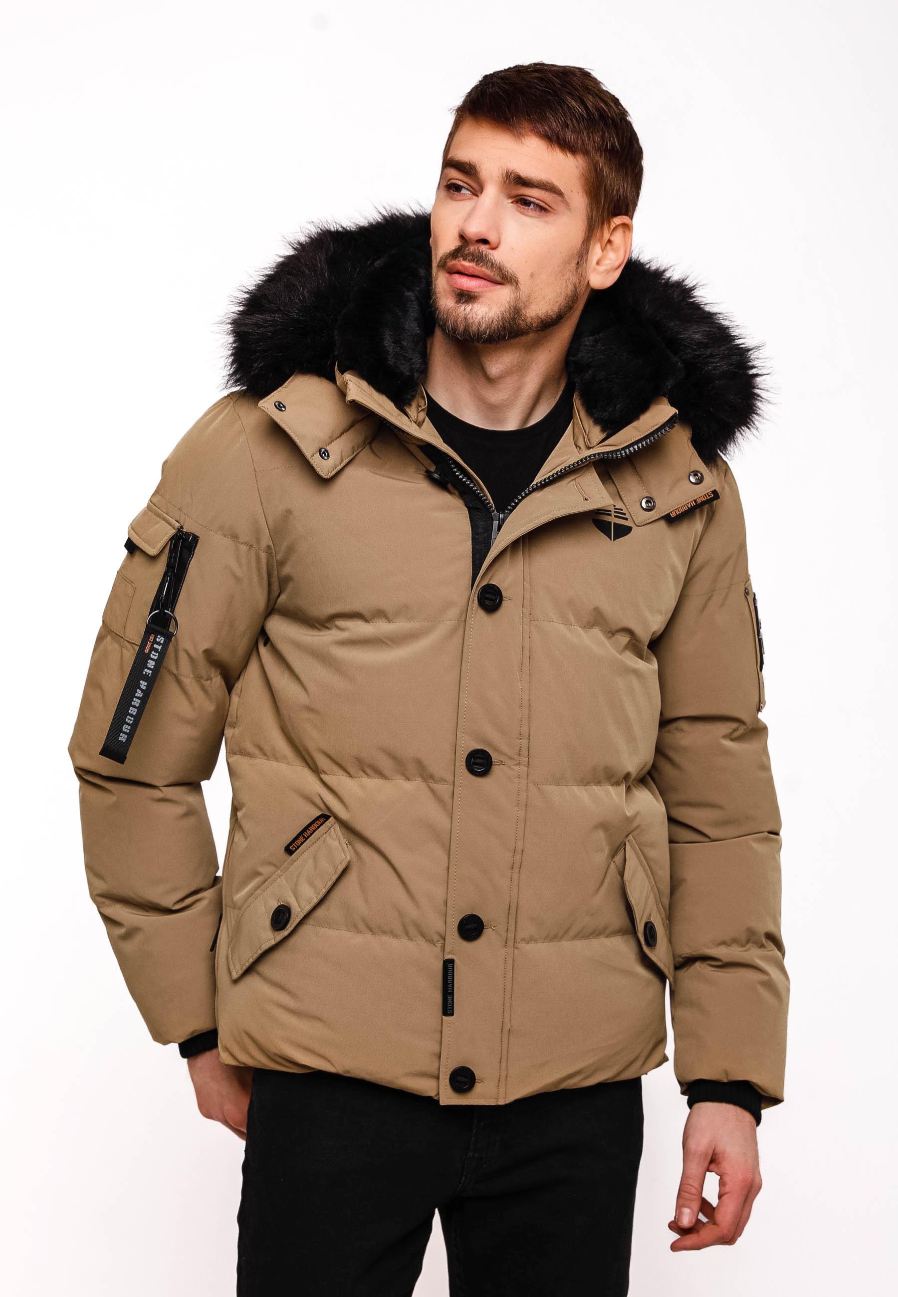 Winter Steppjacke mit abnehmbarer Kunstfell-Kapuze "Halvaar" Light Brown mit schwarzem Fell