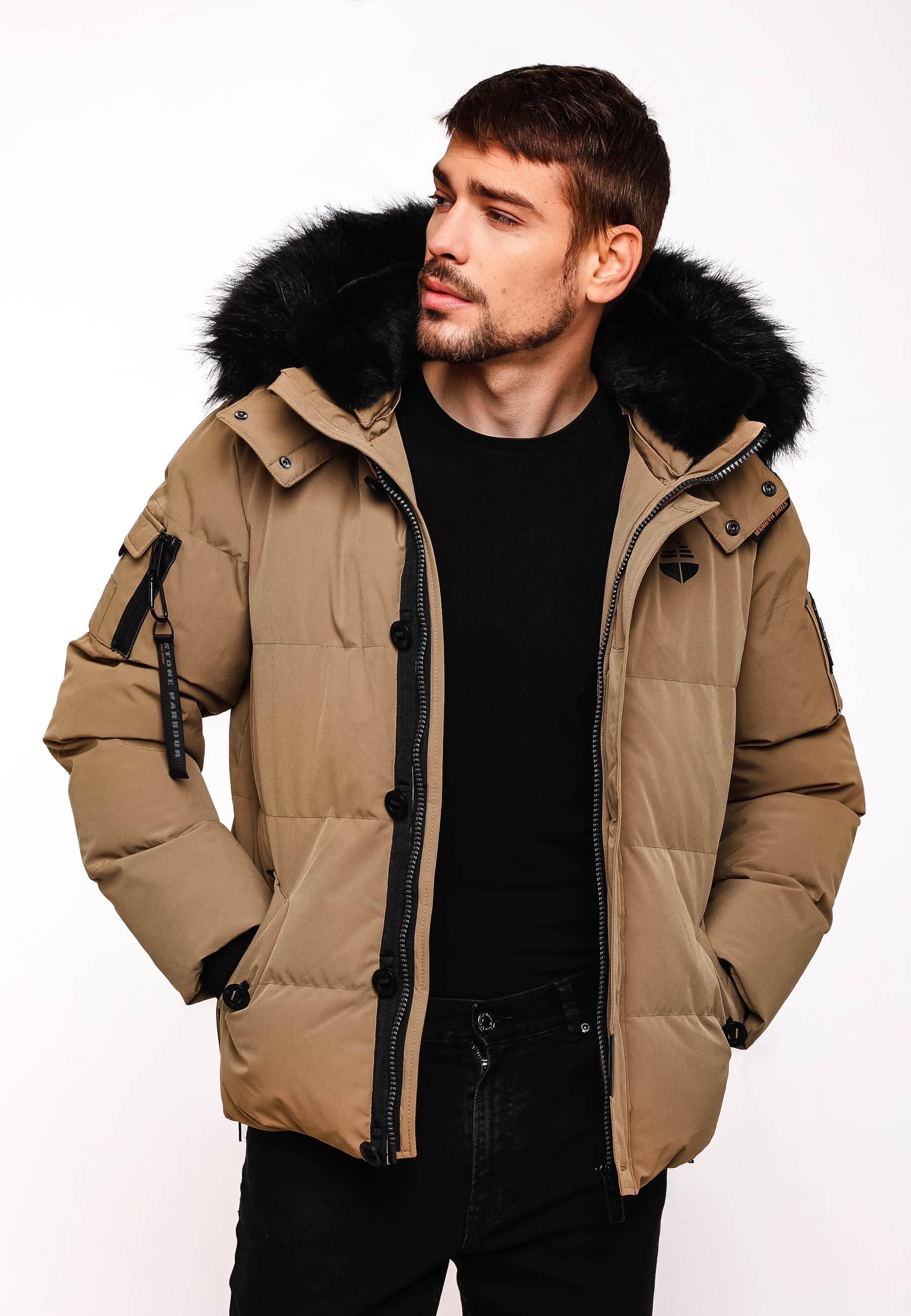 Winter Steppjacke mit abnehmbarer Kunstfell-Kapuze "Halvaar" Light Brown mit schwarzem Fell