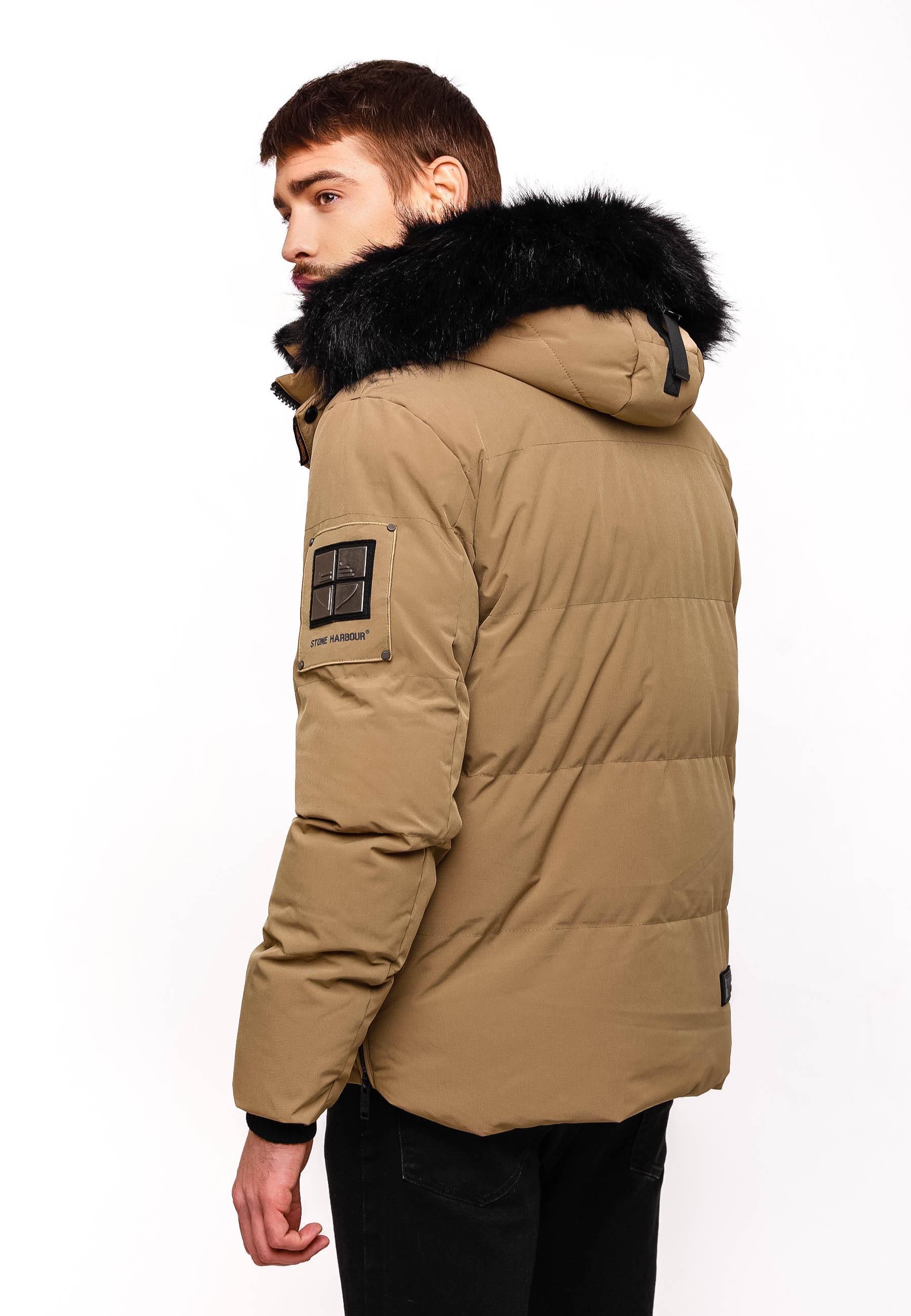Winter Steppjacke mit abnehmbarer Kunstfell-Kapuze "Halvaar" Light Brown mit schwarzem Fell