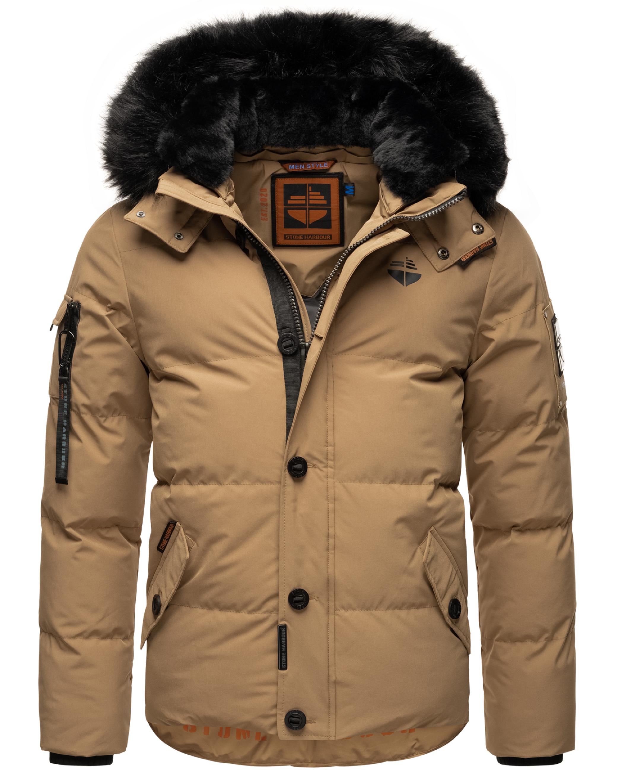 Winter Steppjacke mit abnehmbarer Kunstfell-Kapuze "Halvaar" Light Brown mit schwarzem Fell
