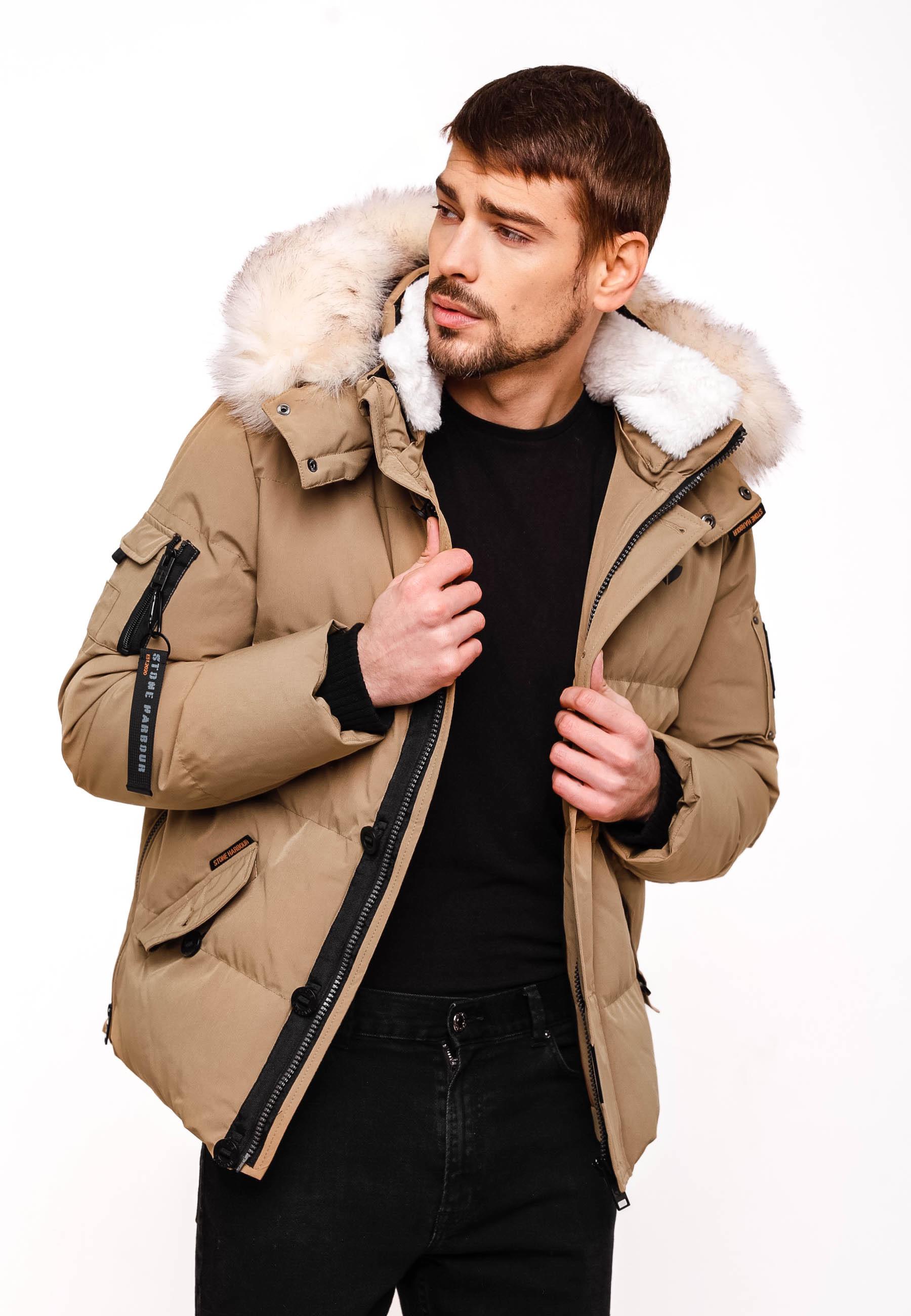 Winter Steppjacke mit abnehmbarer Kunstfell-Kapuze "Halvaar" Light Brown mit weißem Fell