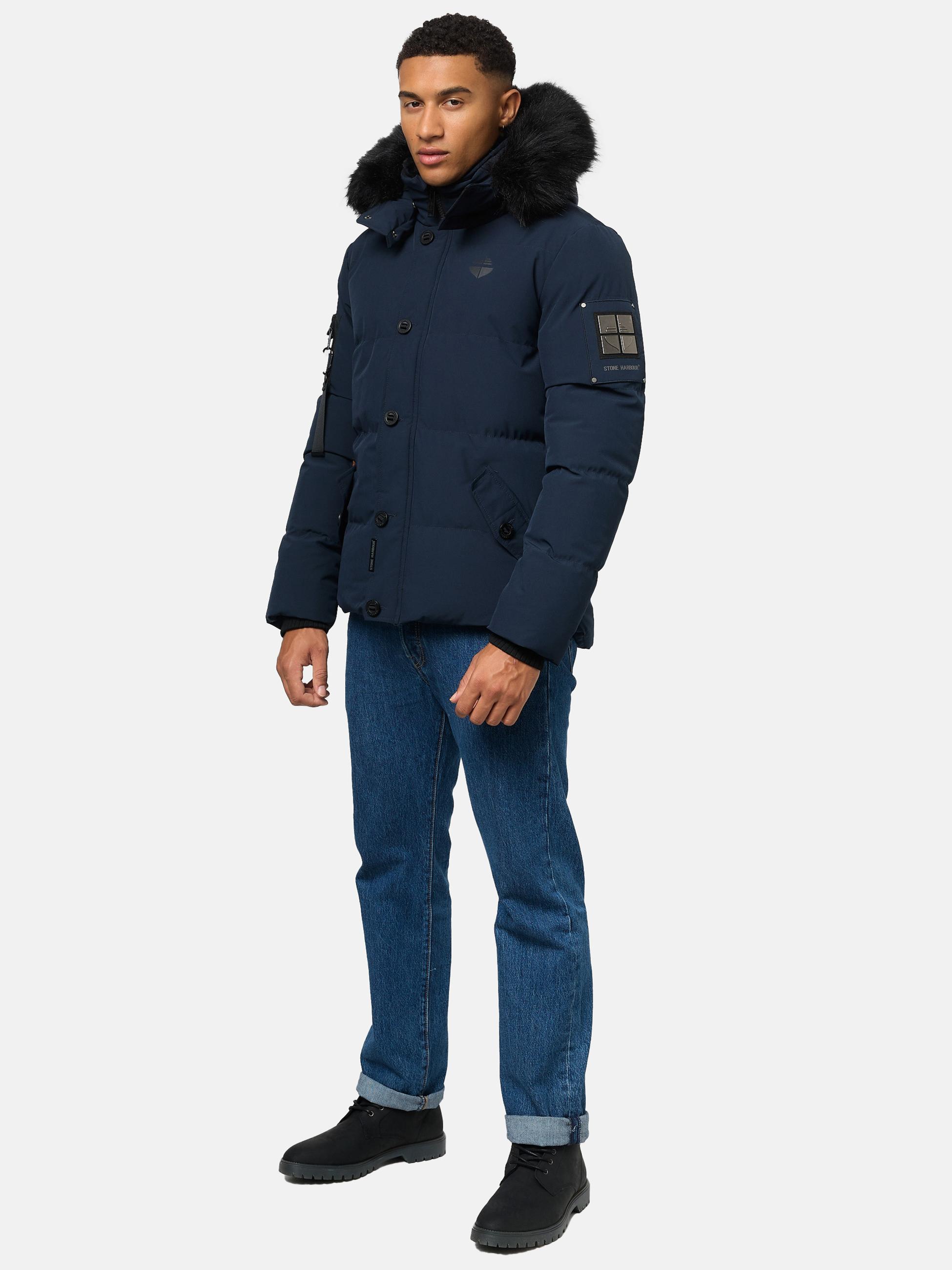 Winter Steppjacke mit abnehmbarer Kunstfell-Kapuze "Halvaar" Navy mit schwarzem Fell