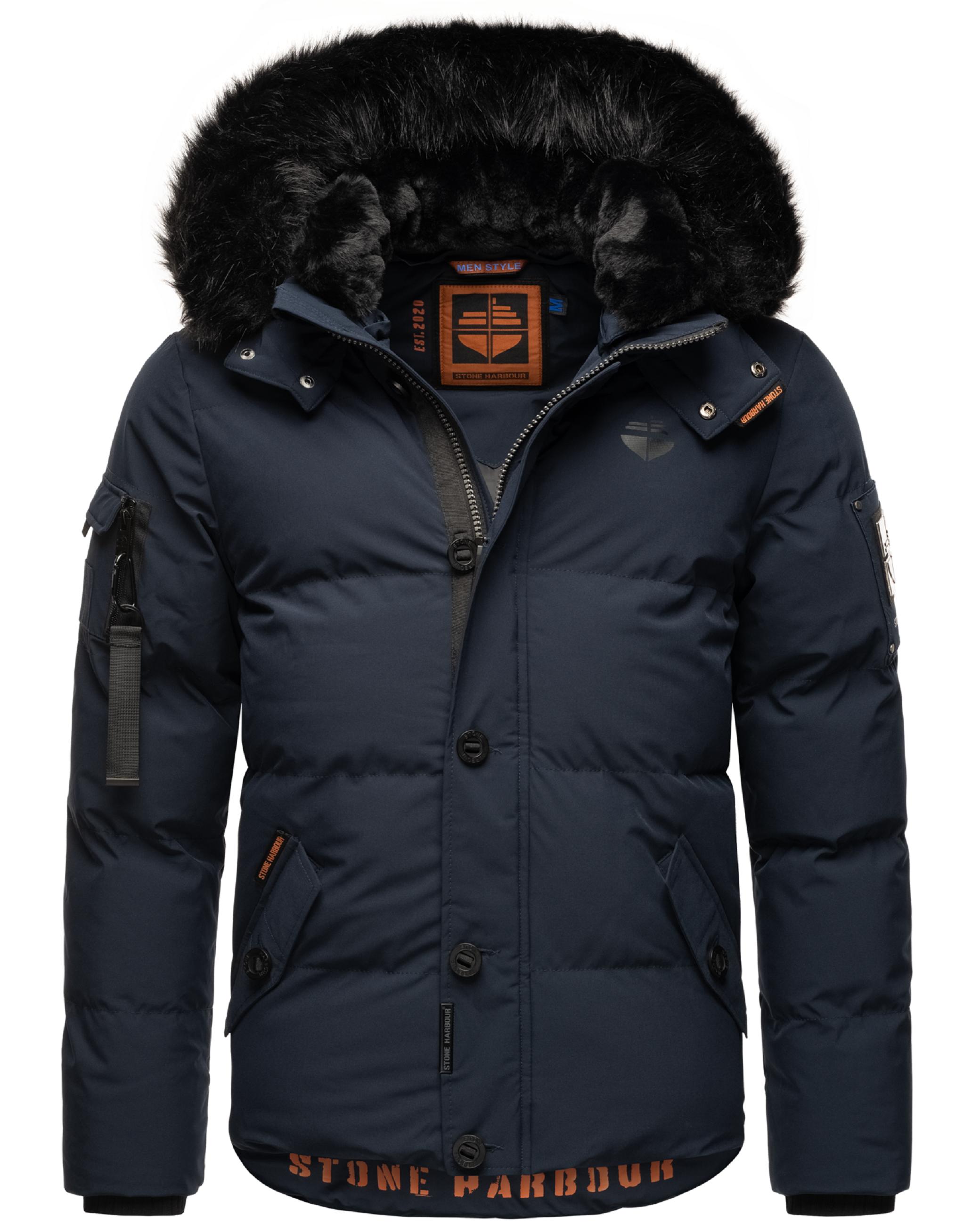 Winter Steppjacke mit abnehmbarer Kunstfell-Kapuze "Halvaar" Navy mit schwarzem Fell