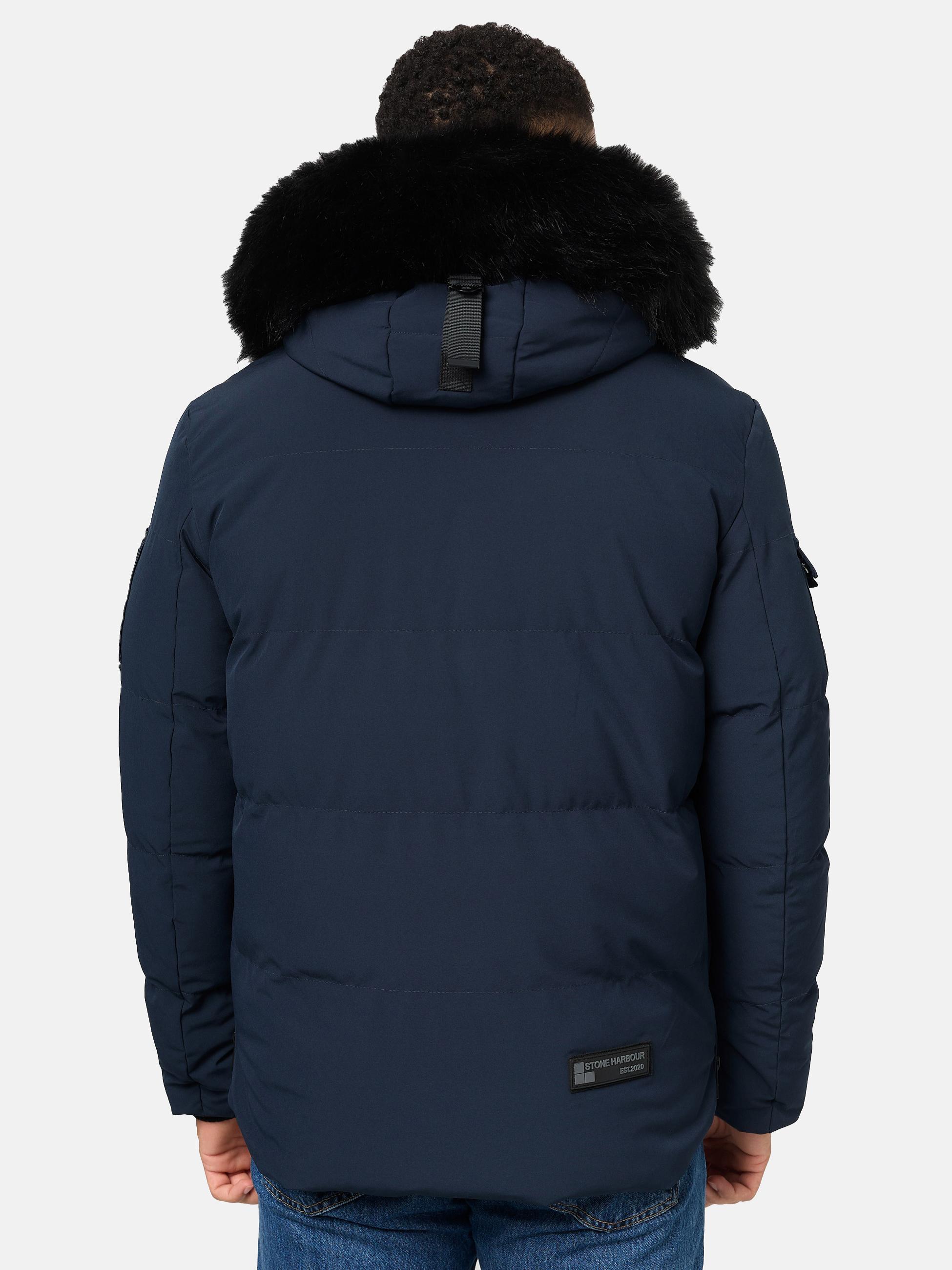 Winter Steppjacke mit abnehmbarer Kunstfell-Kapuze "Halvaar" Navy mit schwarzem Fell