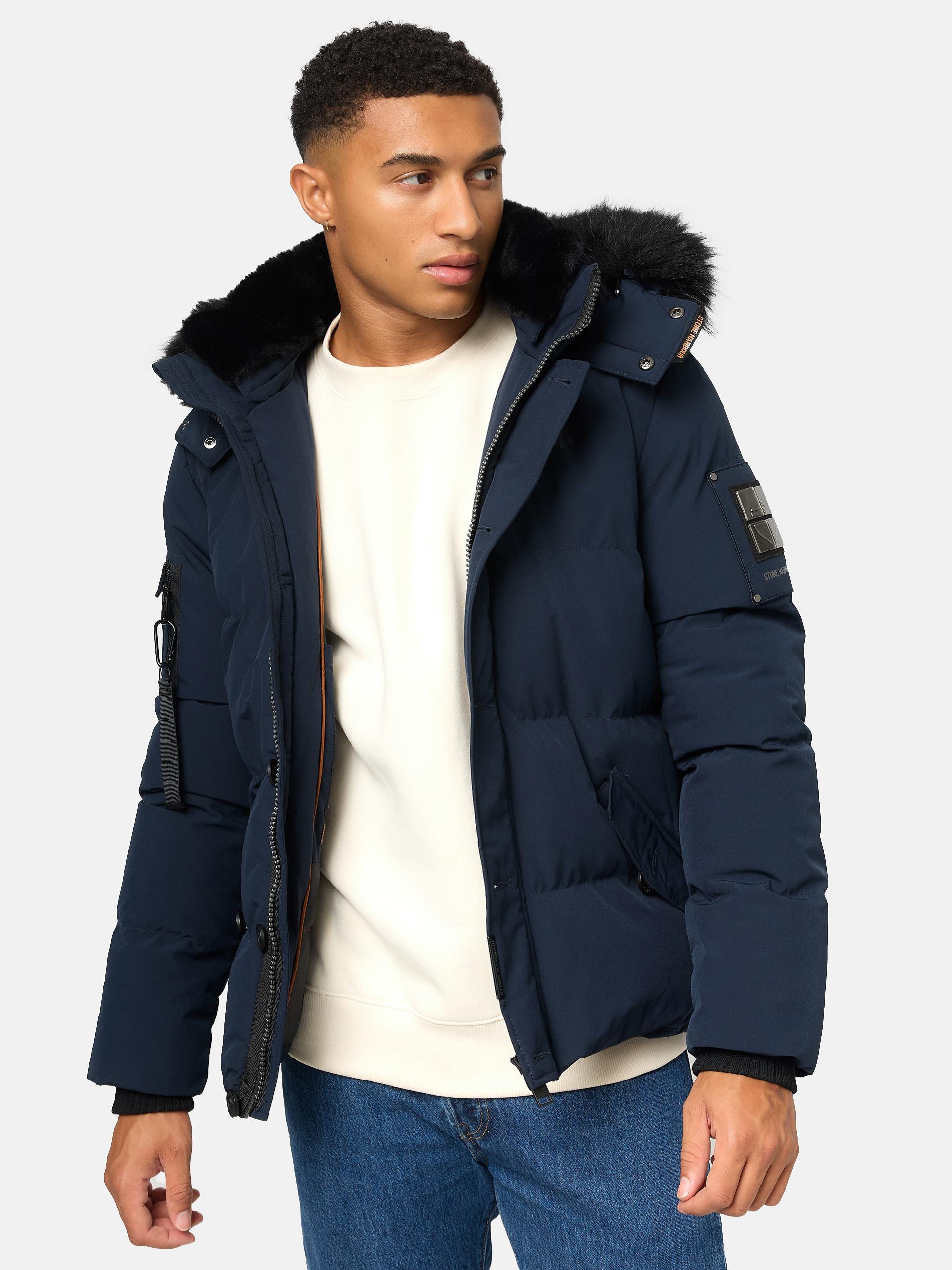 Winter Steppjacke mit abnehmbarer Kunstfell-Kapuze "Halvaar" Navy mit schwarzem Fell