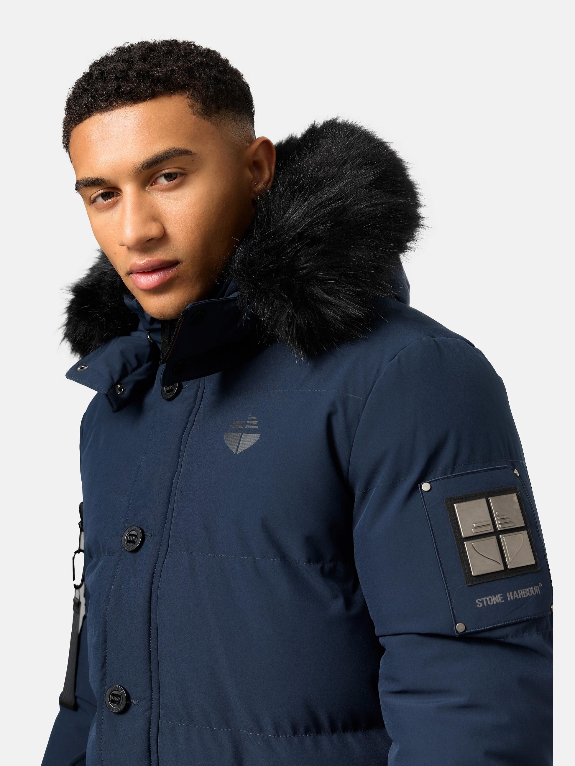 Winter Steppjacke mit abnehmbarer Kunstfell-Kapuze "Halvaar" Navy mit schwarzem Fell