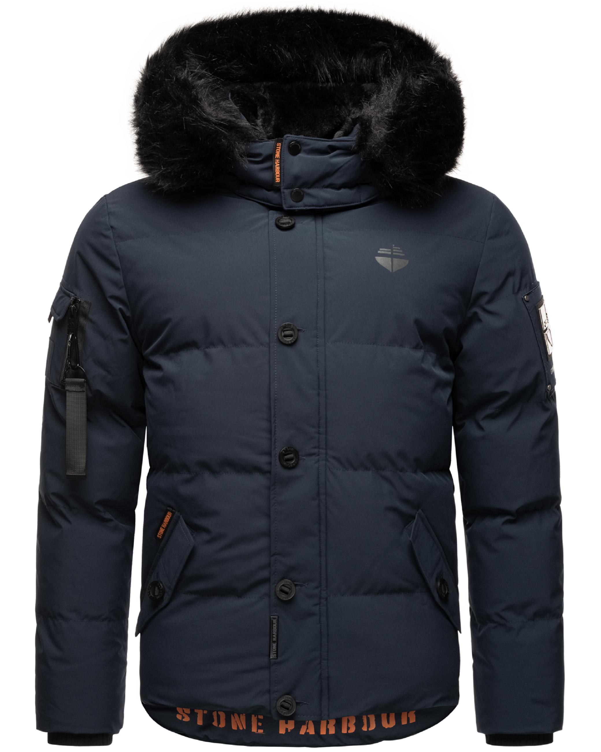 Winter Steppjacke mit abnehmbarer Kunstfell-Kapuze "Halvaar" Navy mit schwarzem Fell