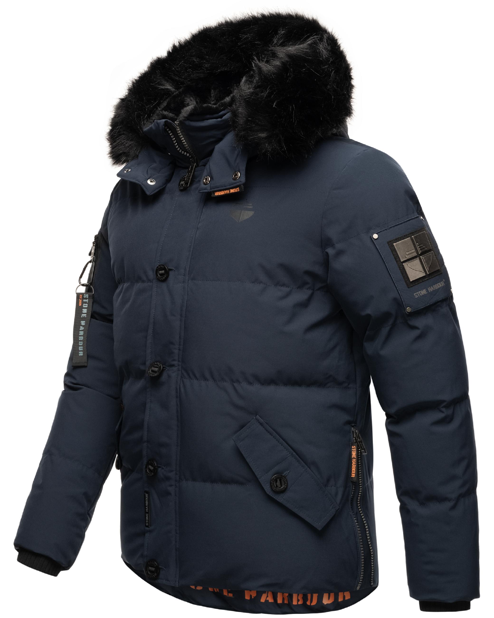 Winter Steppjacke mit abnehmbarer Kunstfell-Kapuze "Halvaar" Navy mit schwarzem Fell