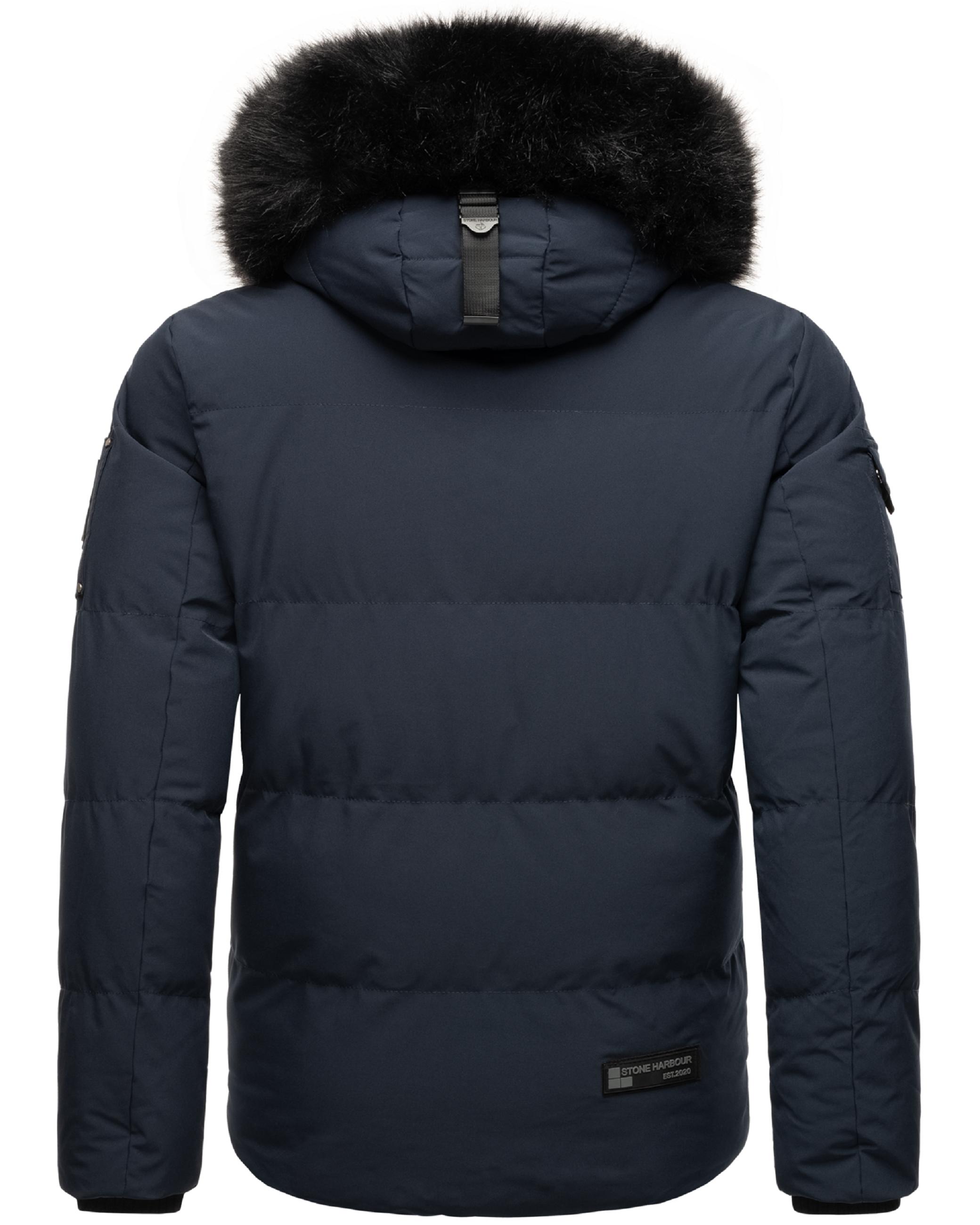 Winter Steppjacke mit abnehmbarer Kunstfell-Kapuze "Halvaar" Navy mit schwarzem Fell