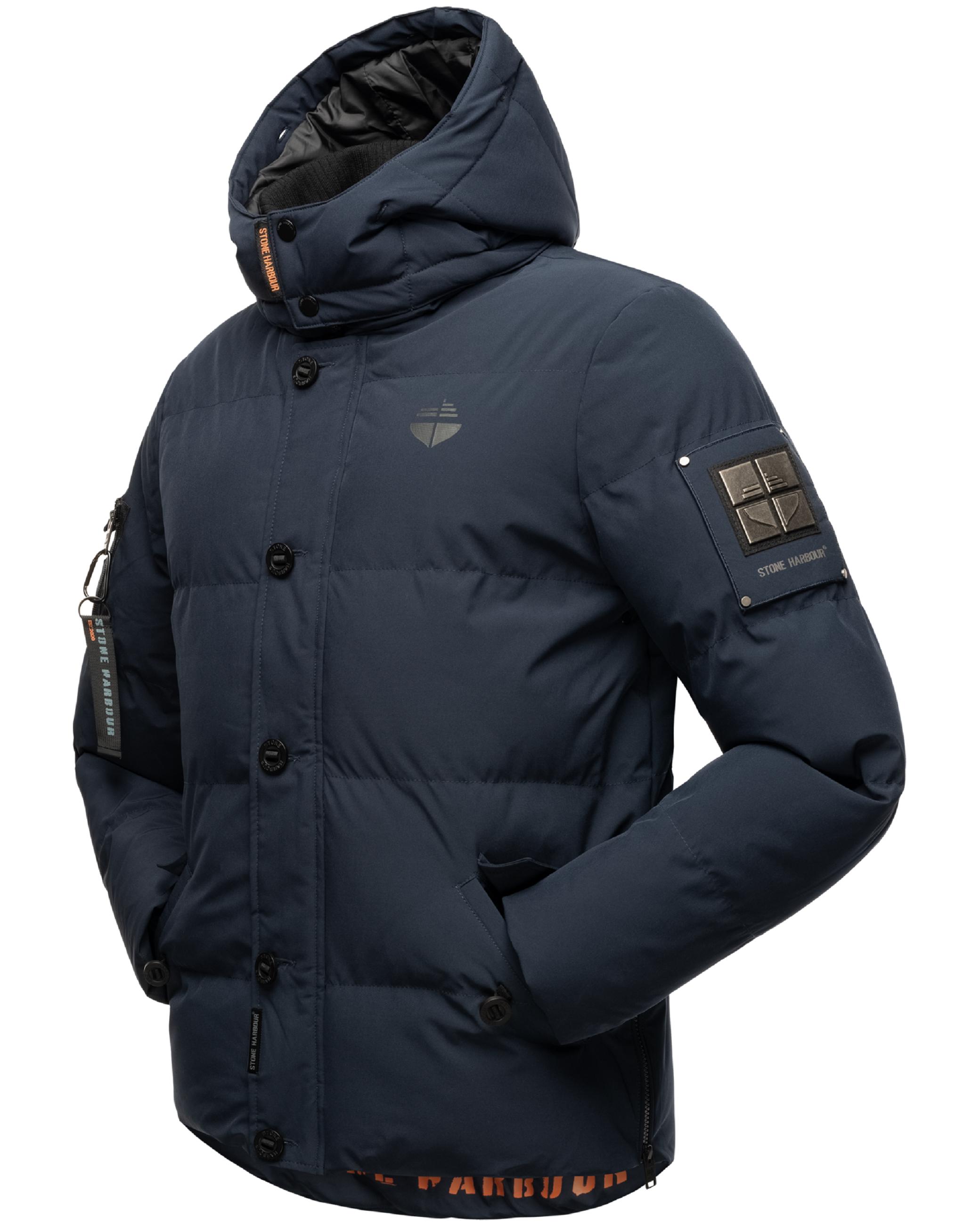 Winter Steppjacke mit abnehmbarer Kunstfell-Kapuze "Halvaar" Navy mit schwarzem Fell