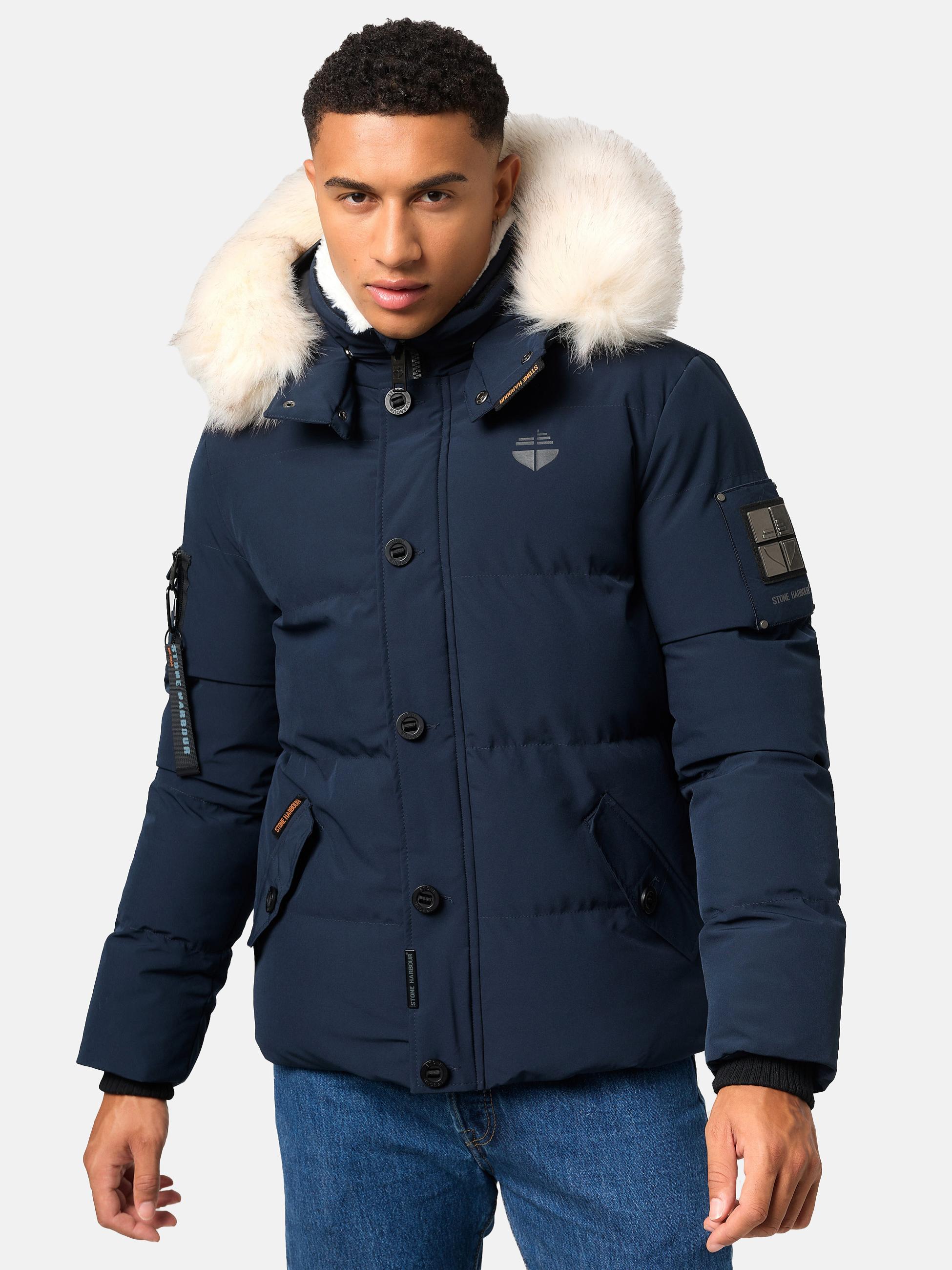 Winter Steppjacke mit abnehmbarer Kunstfell-Kapuze "Halvaar" Navy mit weißem Fell