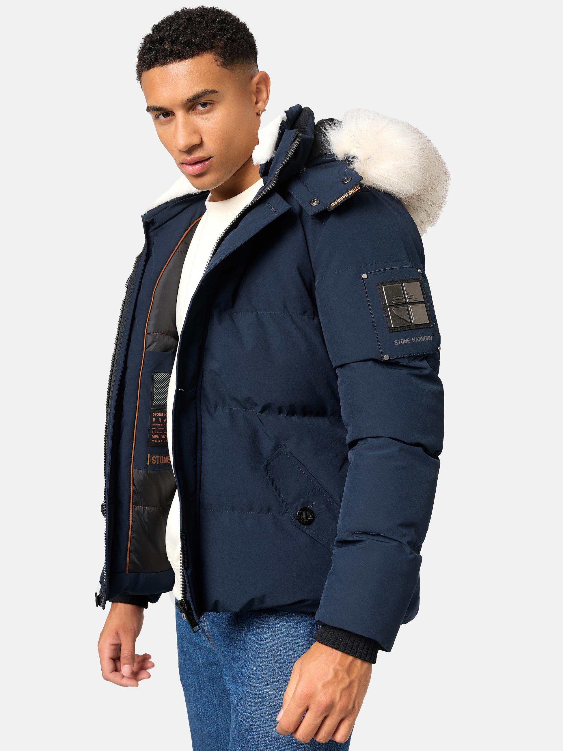 Winter Steppjacke mit abnehmbarer Kunstfell-Kapuze "Halvaar" Navy mit weißem Fell