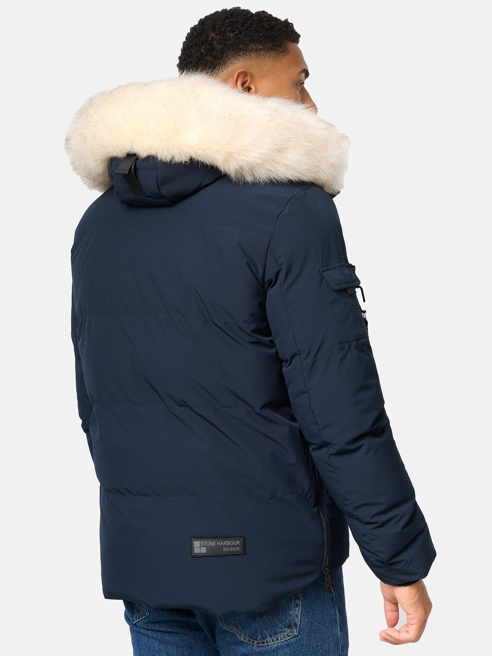 Winter Steppjacke mit abnehmbarer Kunstfell-Kapuze "Halvaar" Navy mit weißem Fell