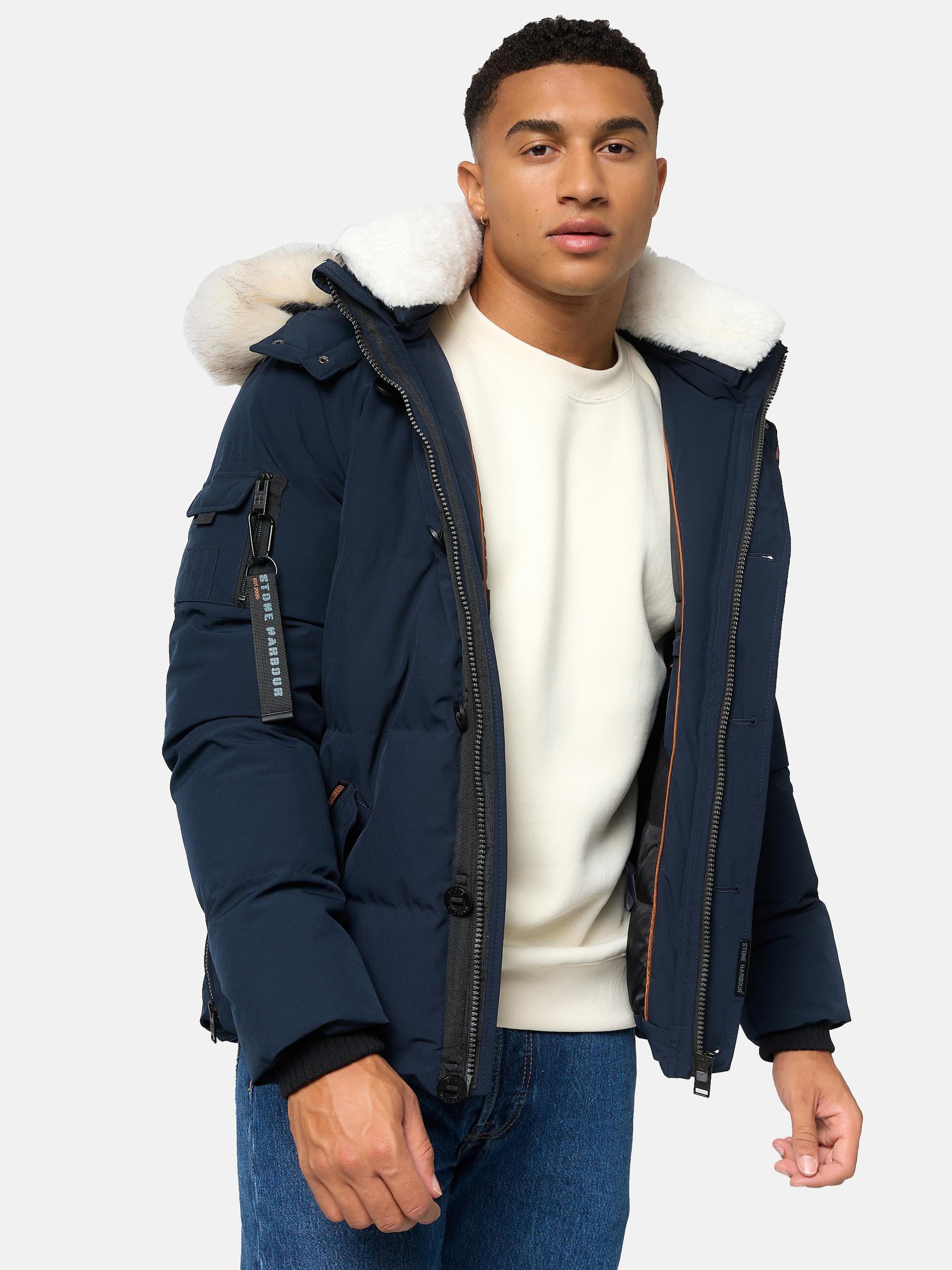 Winter Steppjacke mit abnehmbarer Kunstfell-Kapuze "Halvaar" Navy mit weißem Fell