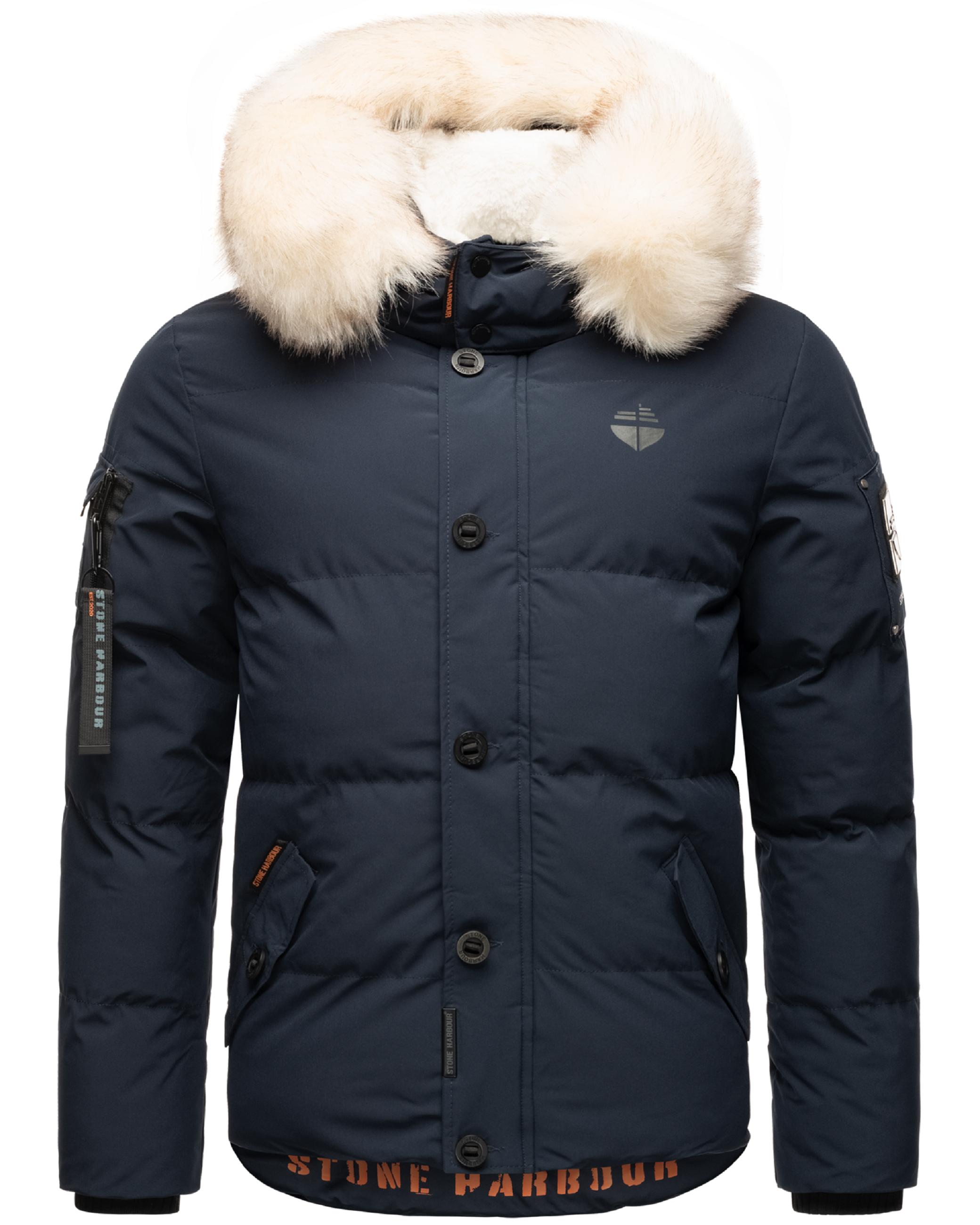 Winter Steppjacke mit abnehmbarer Kunstfell-Kapuze "Halvaar" Navy mit weißem Fell