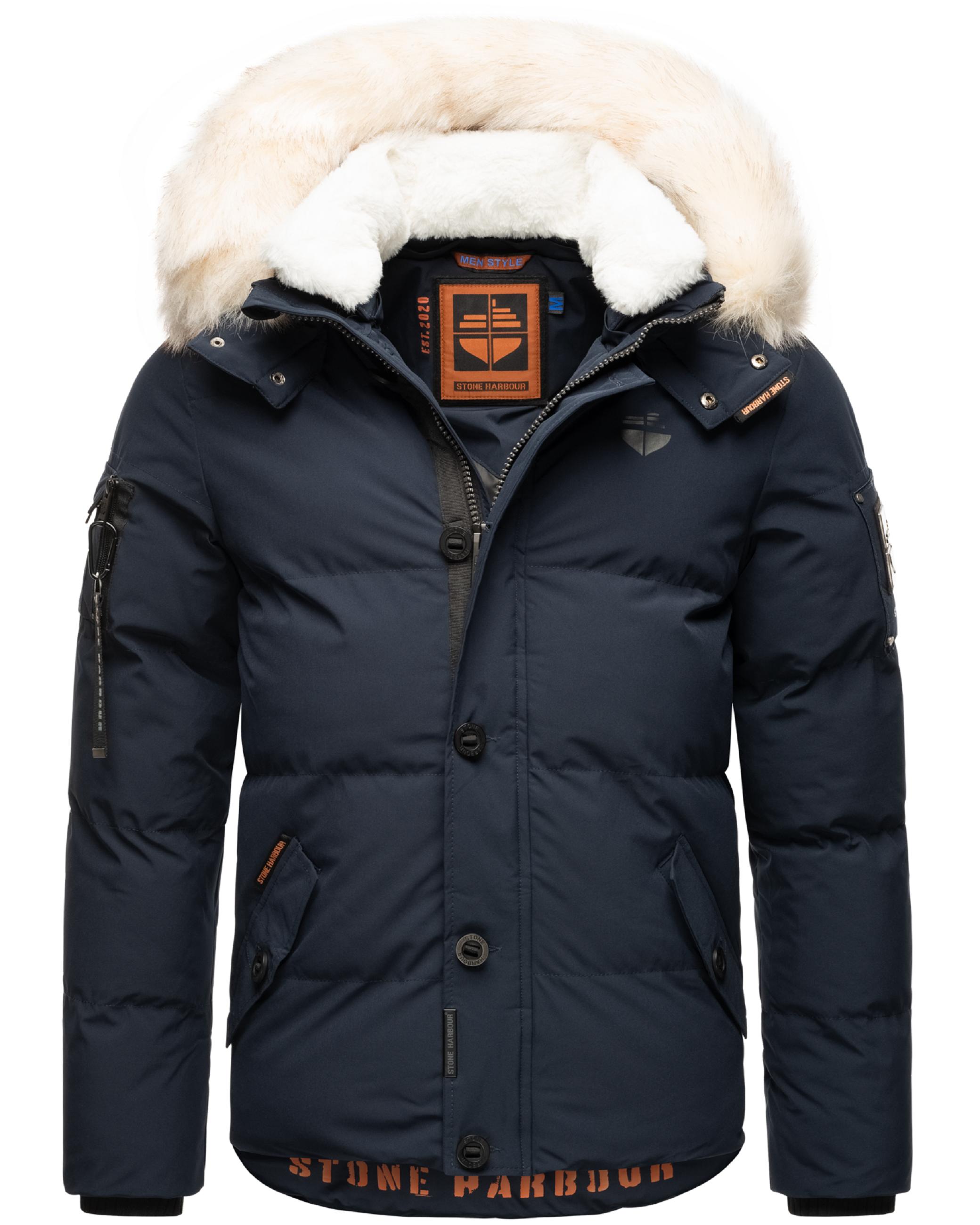 Winter Steppjacke mit abnehmbarer Kunstfell-Kapuze "Halvaar" Navy mit weißem Fell