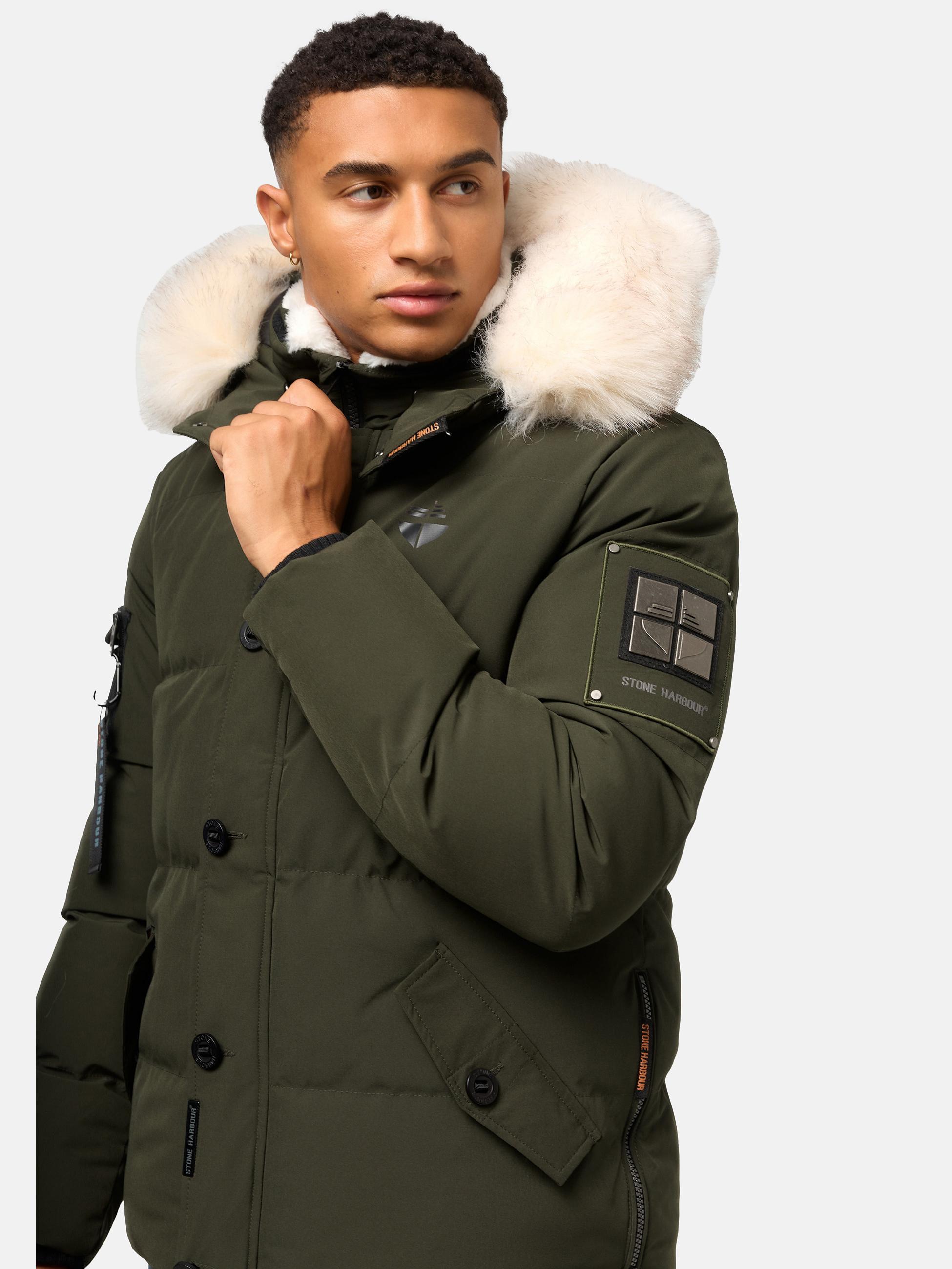 Winter Steppjacke mit abnehmbarer Kunstfell-Kapuze "Halvaar" Olive mit weißem Fell