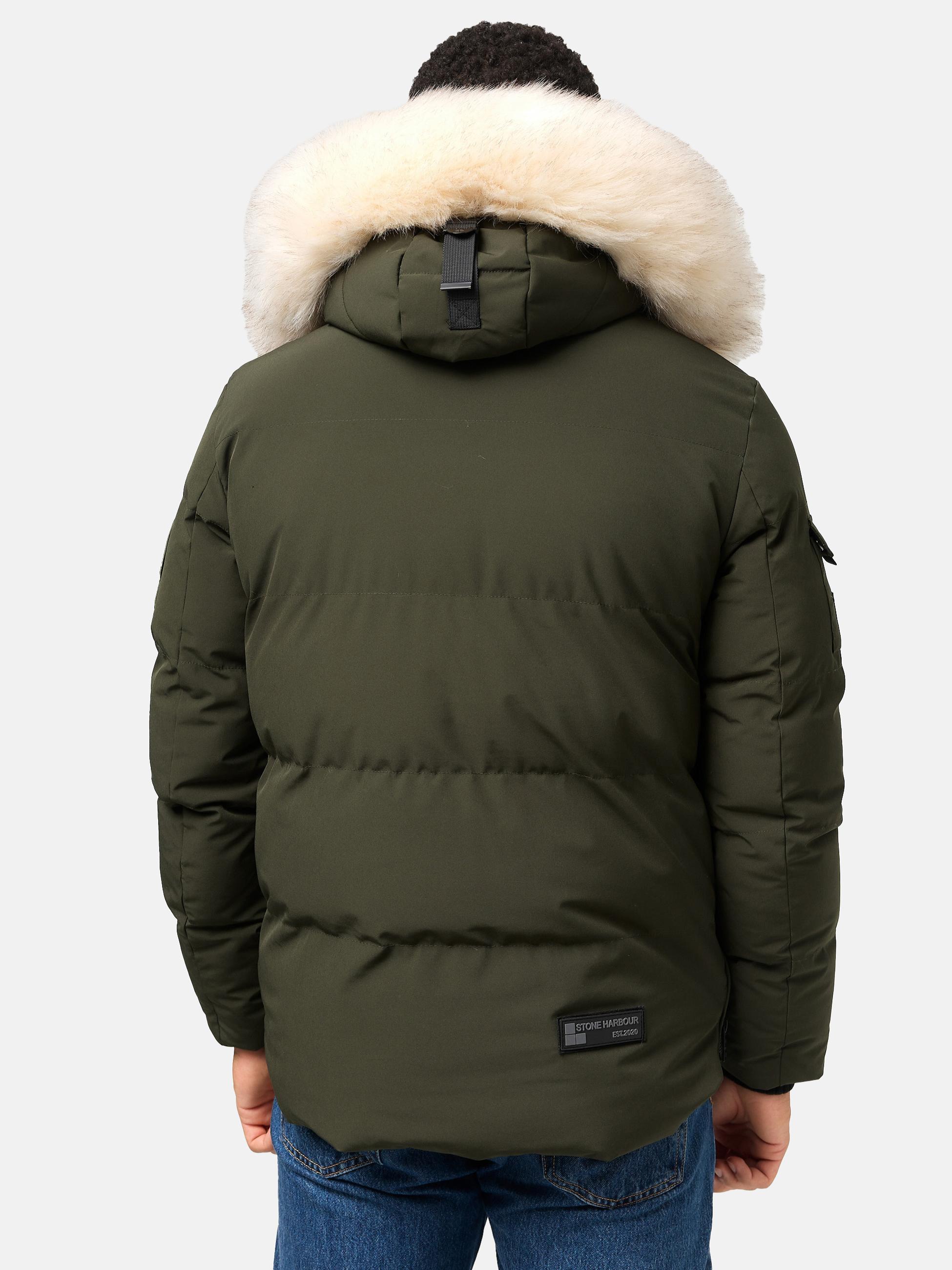 Winter Steppjacke mit abnehmbarer Kunstfell-Kapuze "Halvaar" Olive mit weißem Fell