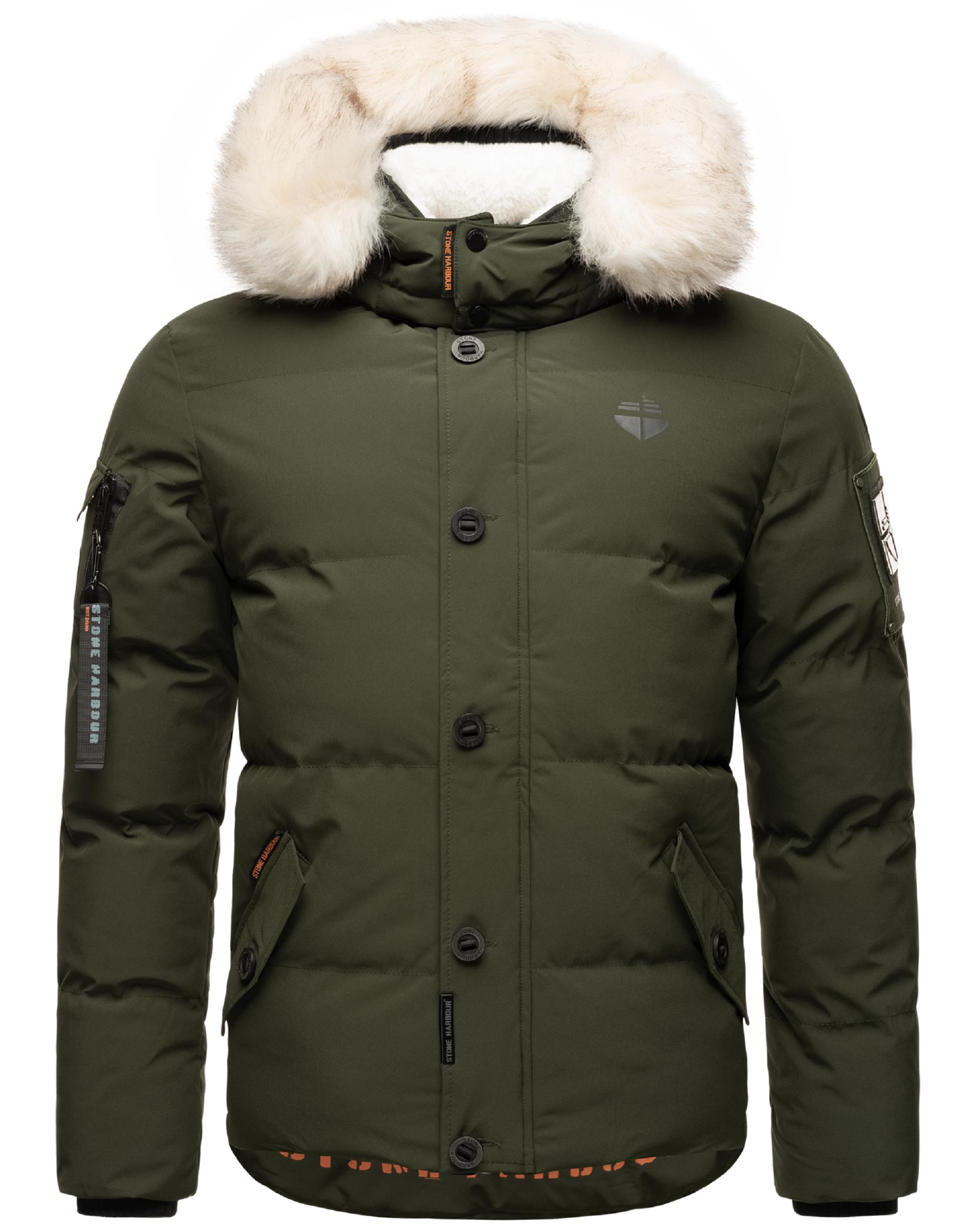 Winter Steppjacke mit abnehmbarer Kunstfell-Kapuze "Halvaar" Olive mit weißem Fell