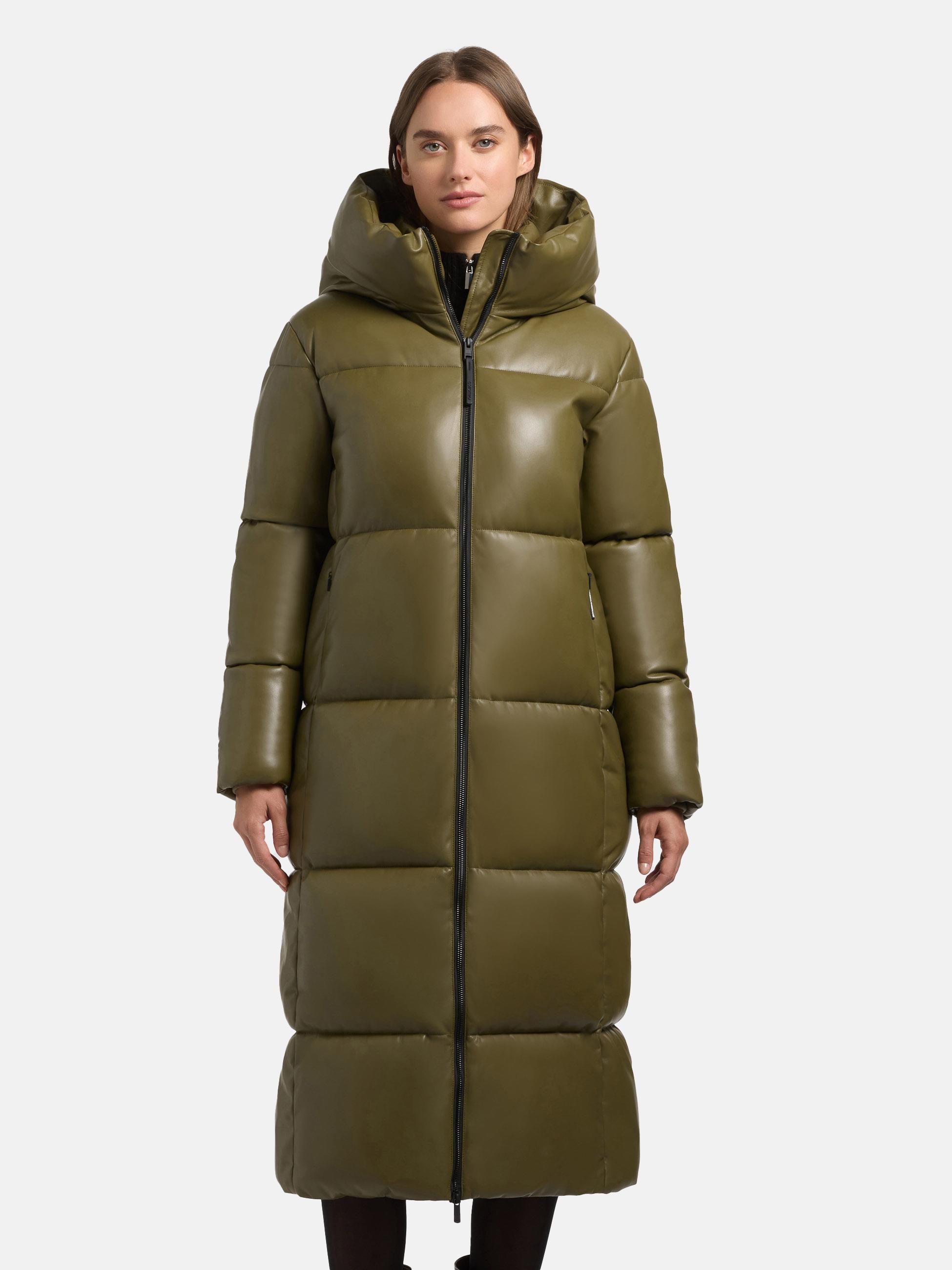 Langer Winter Steppmantel in Lederoptik "Destiny" Olive