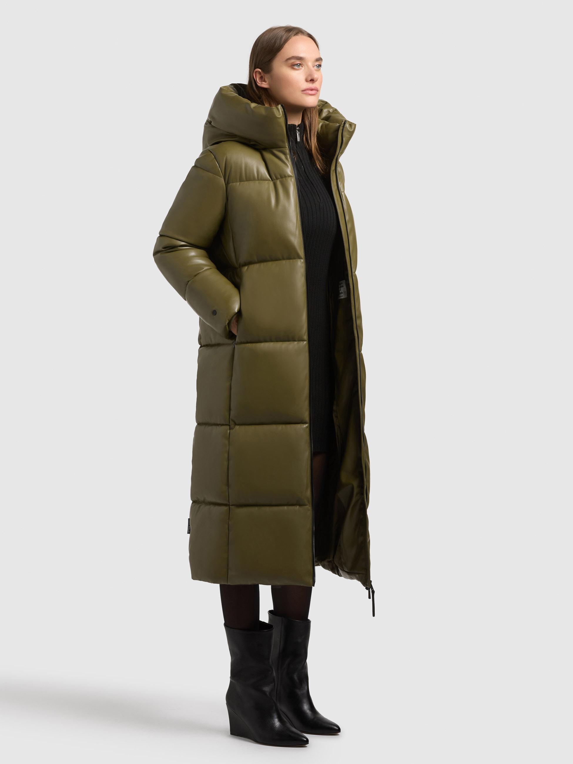 Langer Winter Steppmantel in Lederoptik "Destiny" Olive