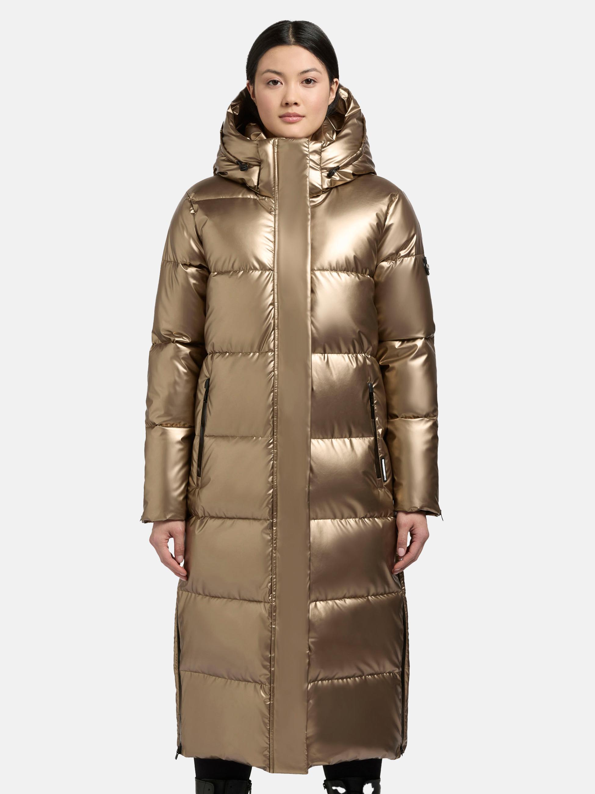 Glänzender warmer Winter Steppmantel lang mit abnehmbarer Kapuze "Hedd Shiny-YM" Gold