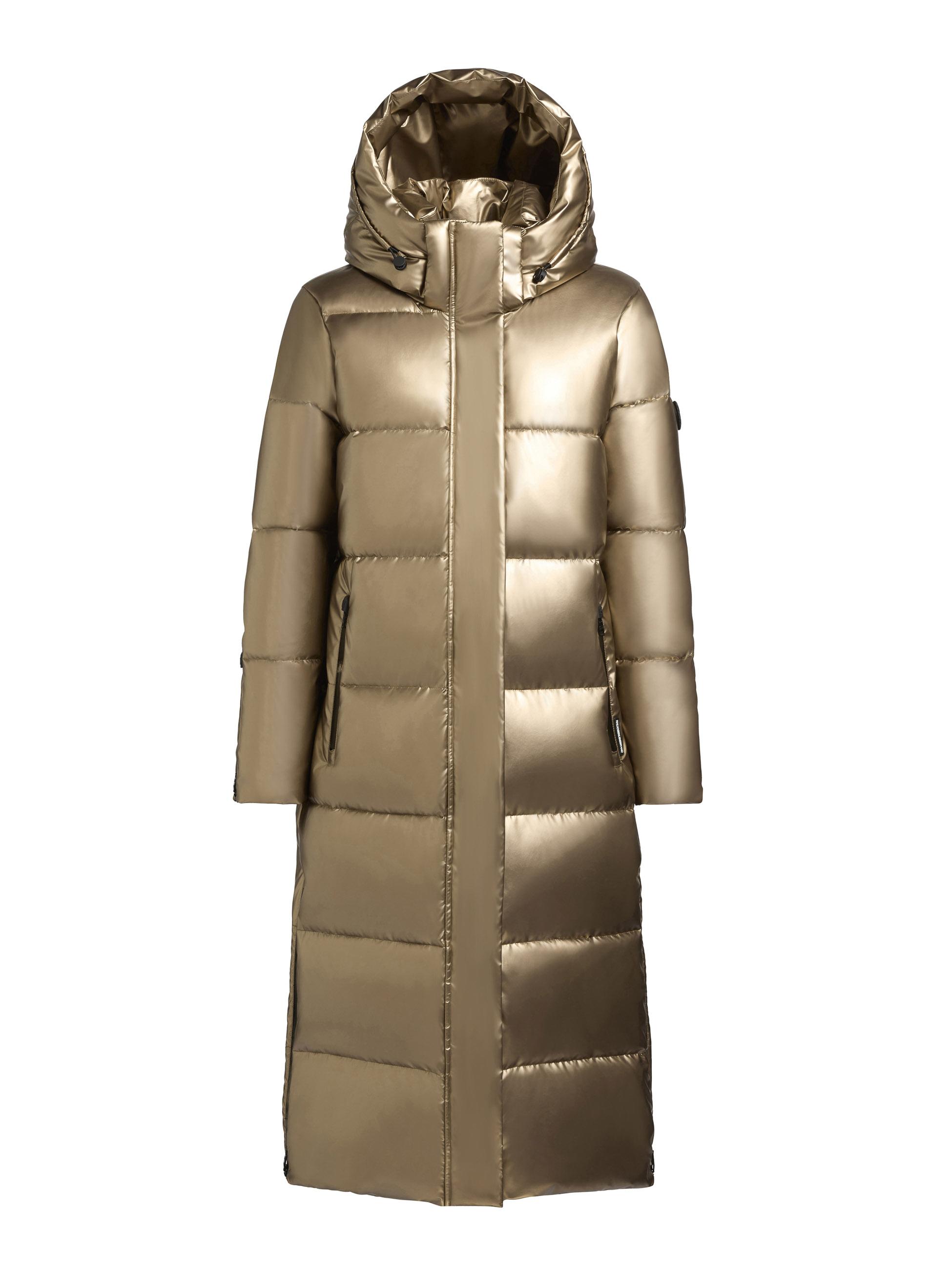 Glänzender warmer Winter Steppmantel lang mit abnehmbarer Kapuze "Hedd Shiny-YM" Gold