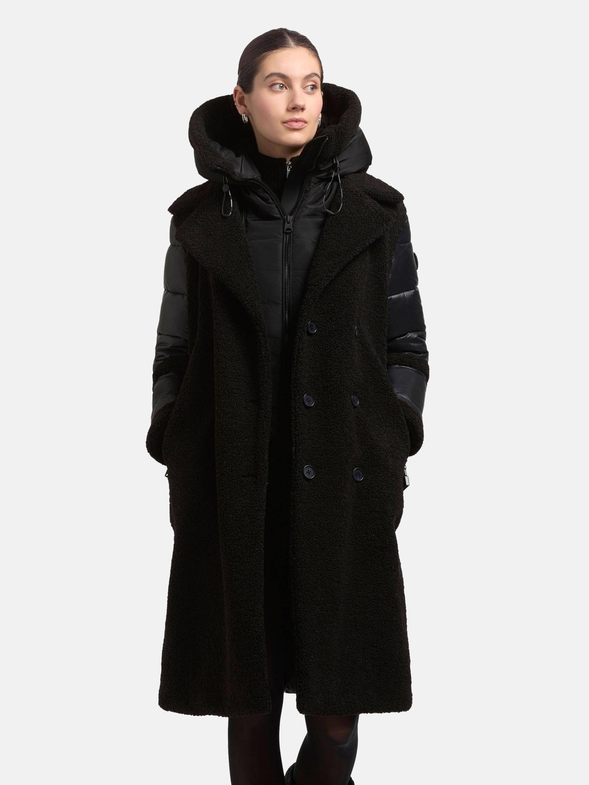 Hybrid-Plüschmantel mit Taillengürtel "Kalmia" Black