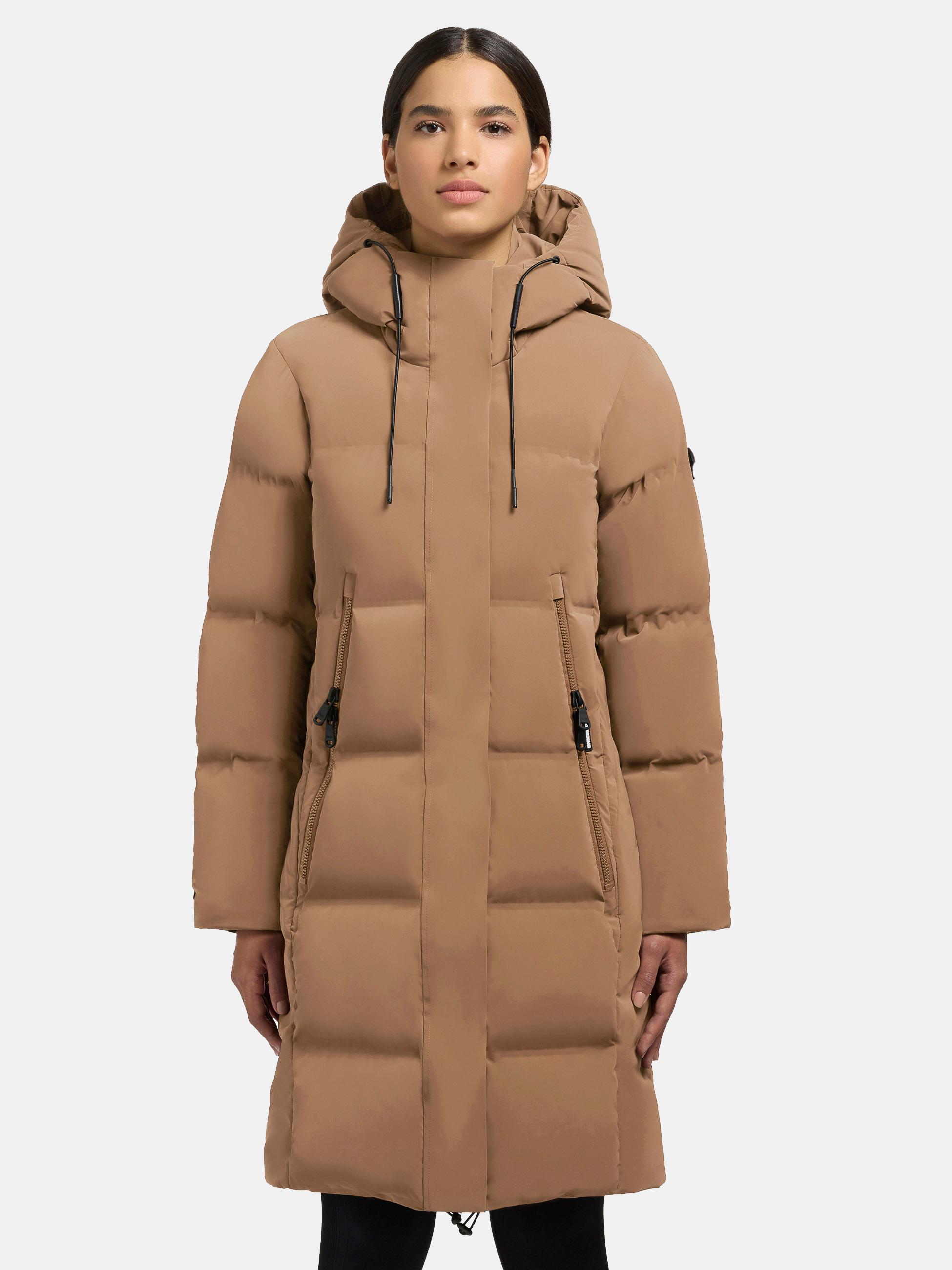 Wintermantel warmer Steppmantel lang und tailliert mit Kapuze "Loni-YM" Indian Nougat