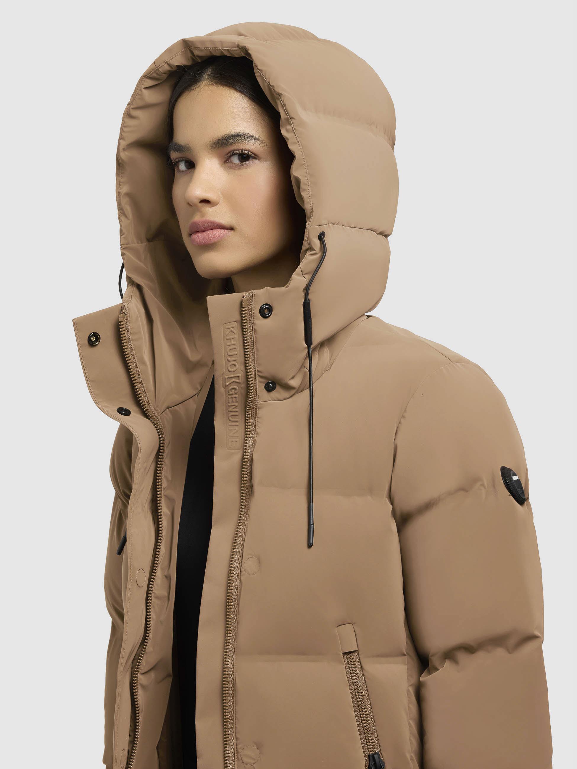 Wintermantel warmer Steppmantel lang und tailliert mit Kapuze "Loni-YM" Indian Nougat