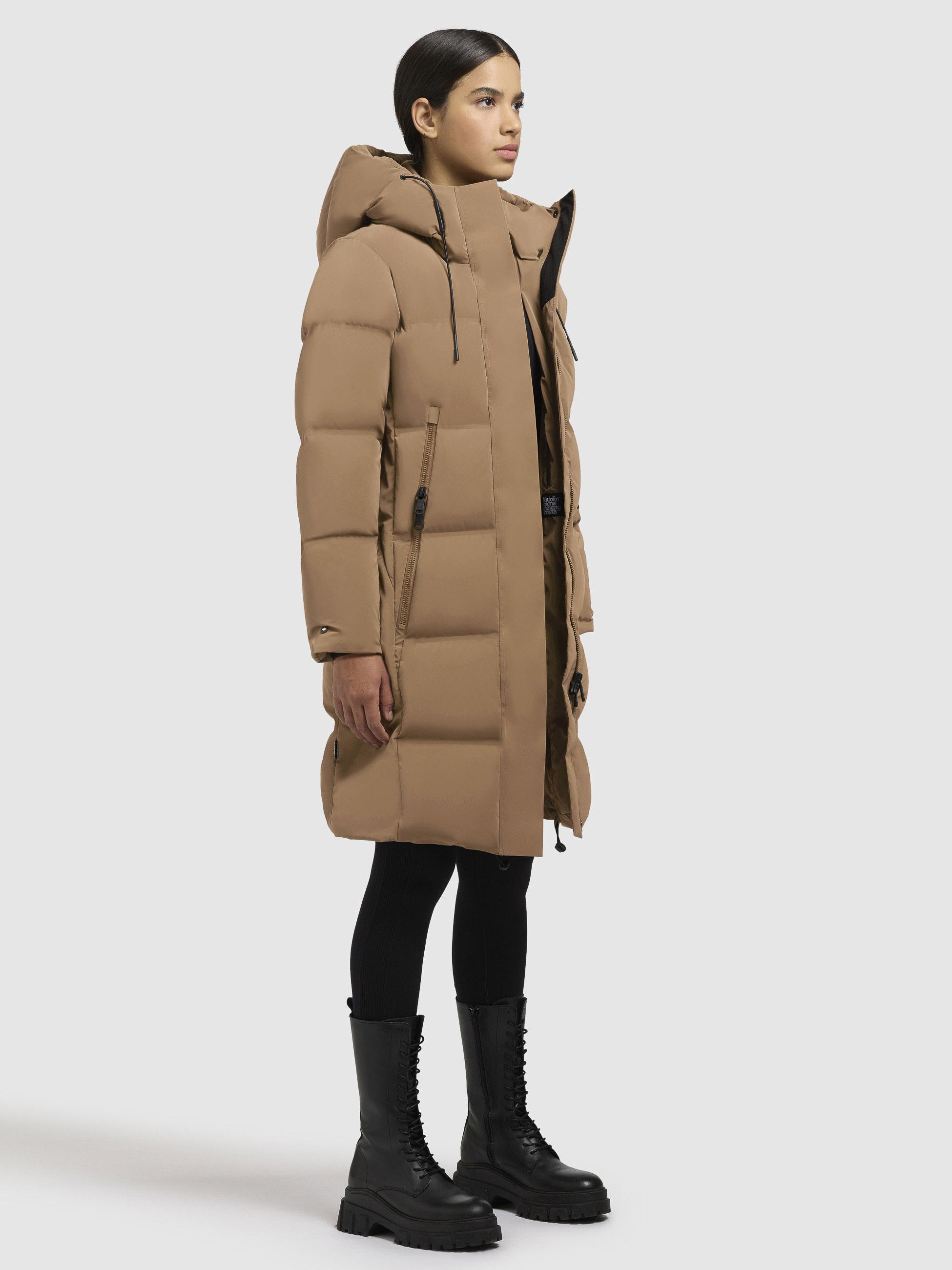 Wintermantel warmer Steppmantel lang und tailliert mit Kapuze "Loni-YM" Indian Nougat