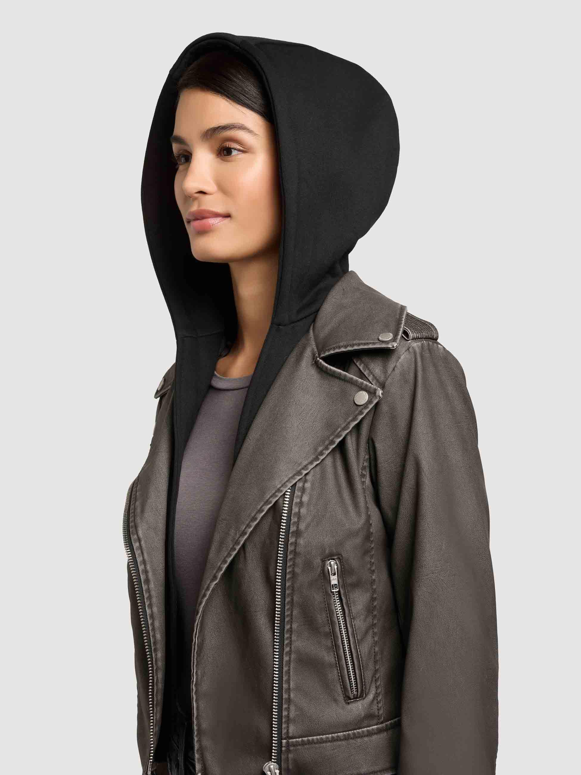 Kunstlederjacke mit abnehmbarer Kapuze "Yael" Vintage Black