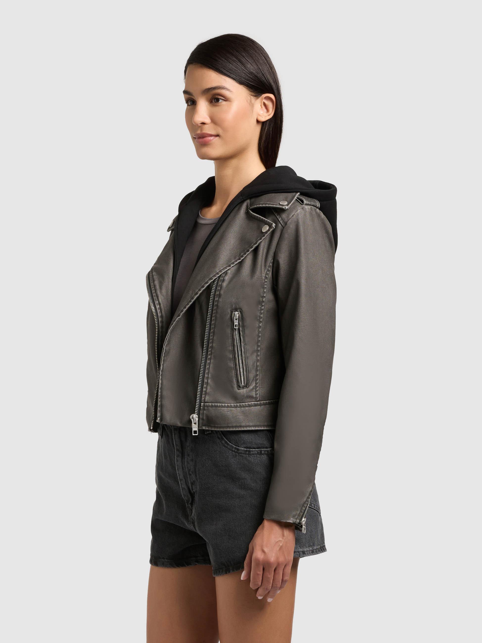 Kunstlederjacke mit abnehmbarer Kapuze "Yael" Vintage Black