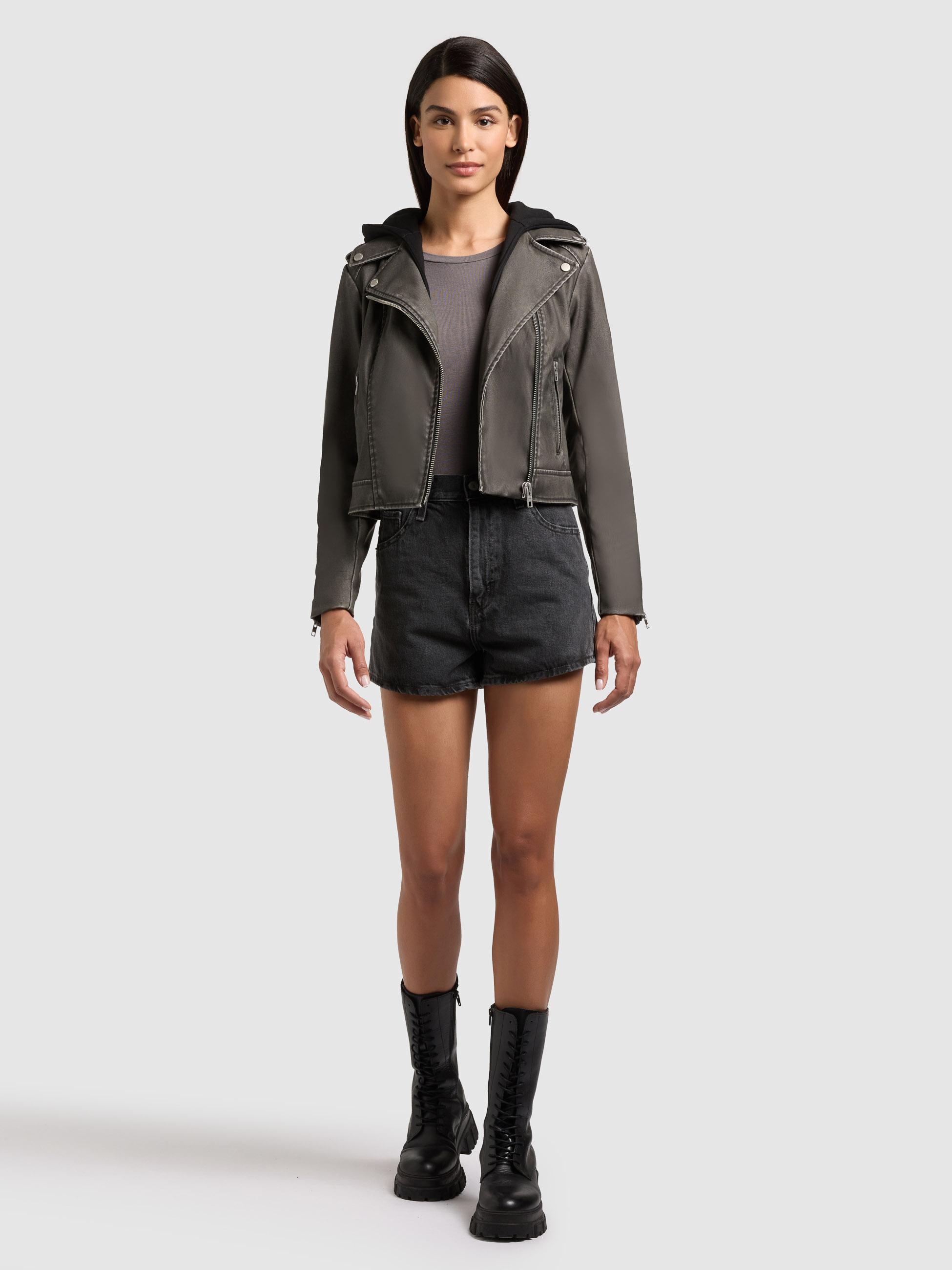 Kunstlederjacke mit abnehmbarer Kapuze "Yael" Vintage Black